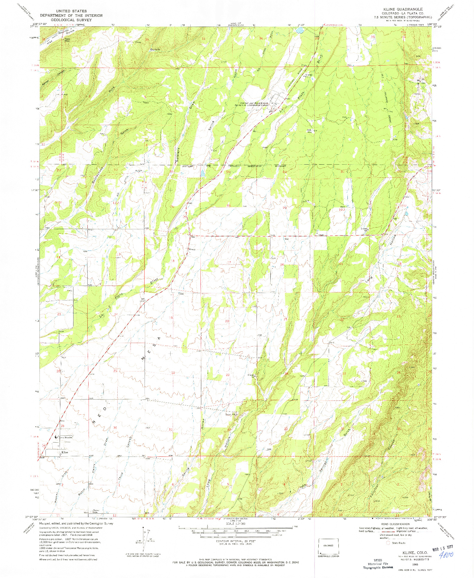 USGS 1:24000-SCALE QUADRANGLE FOR KLINE, CO 1968