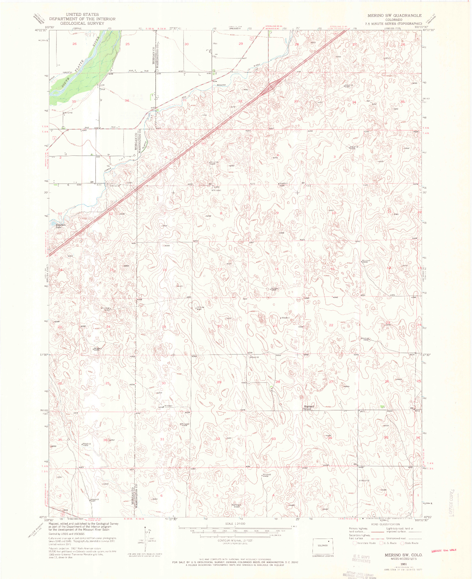 USGS 1:24000-SCALE QUADRANGLE FOR MERINO SW, CO 1951