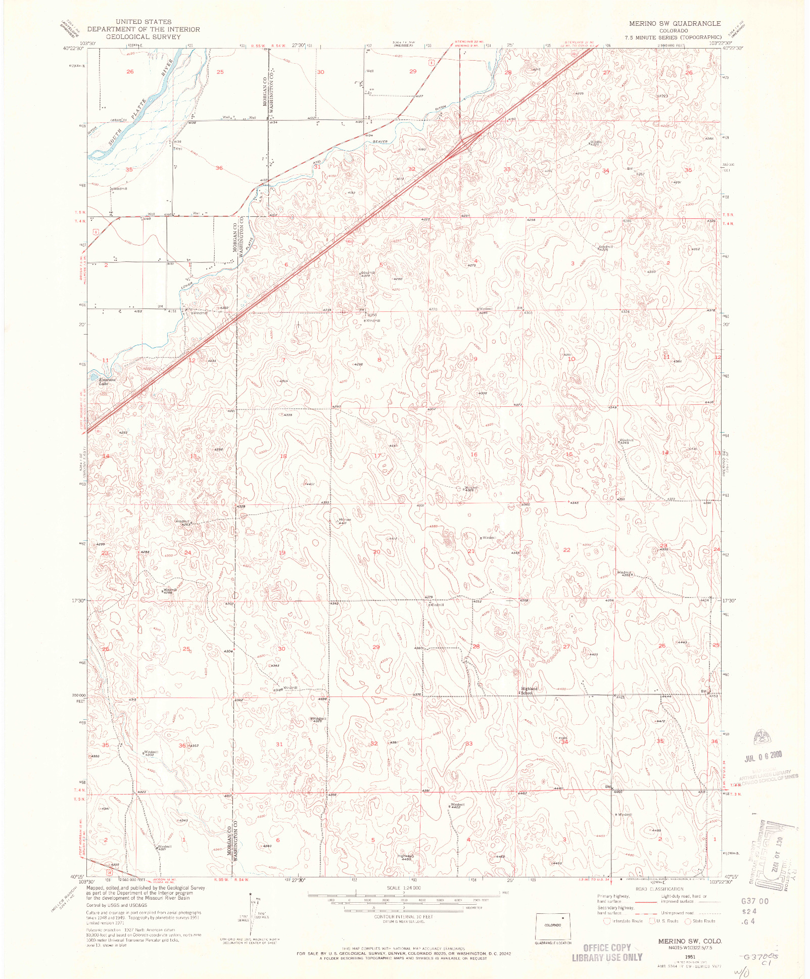 USGS 1:24000-SCALE QUADRANGLE FOR MERINO SW, CO 1951