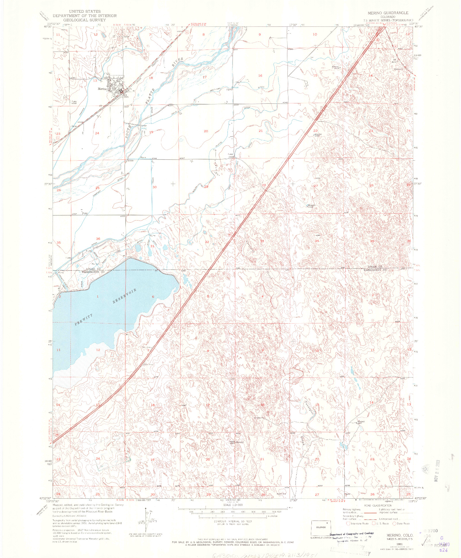 USGS 1:24000-SCALE QUADRANGLE FOR MERINO, CO 1951