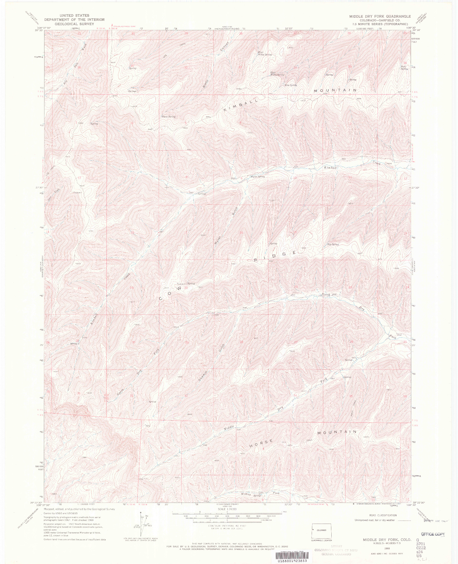 USGS 1:24000-SCALE QUADRANGLE FOR MIDDLE DRY FORK, CO 1968
