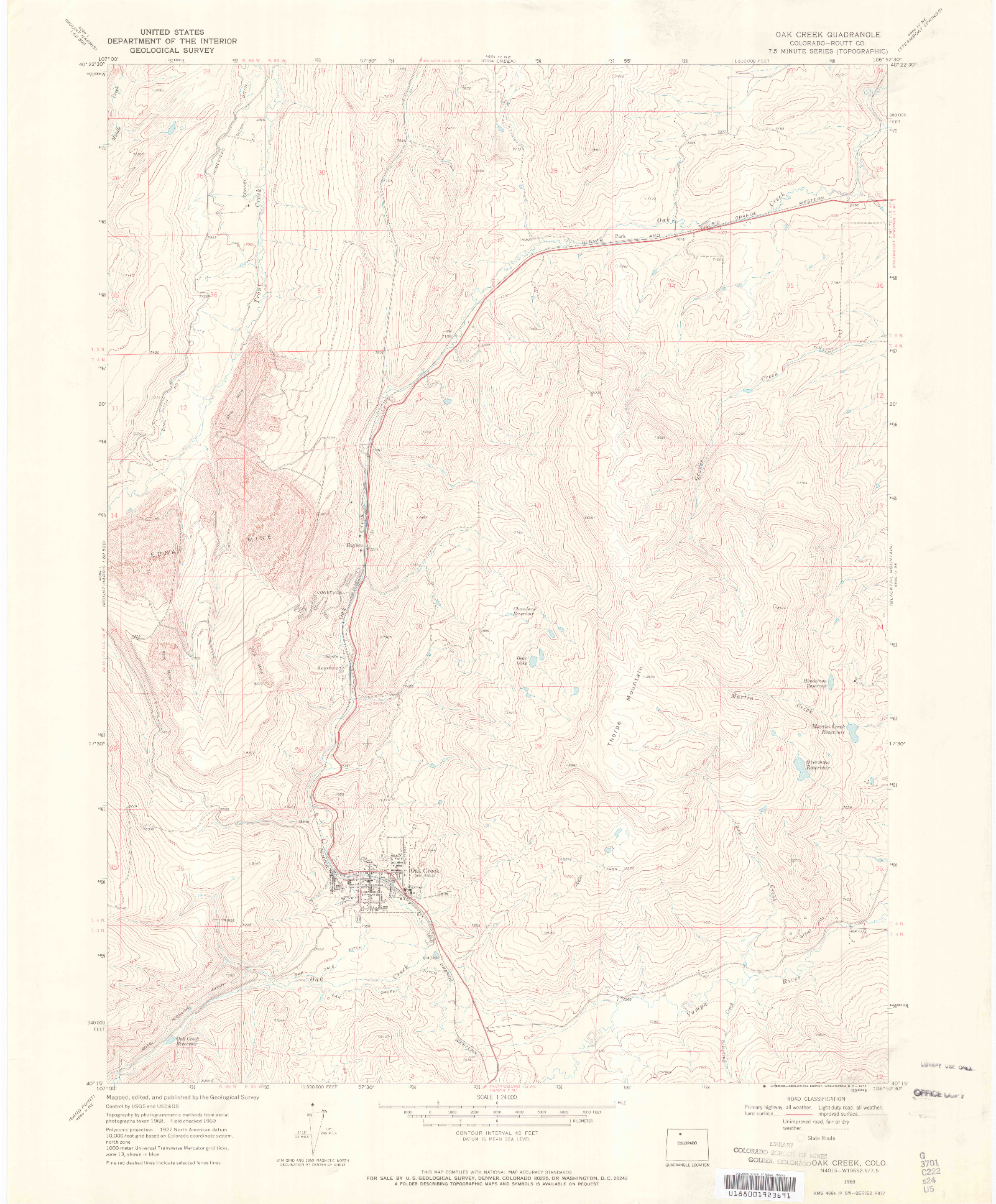 USGS 1:24000-SCALE QUADRANGLE FOR OAK CREEK, CO 1969