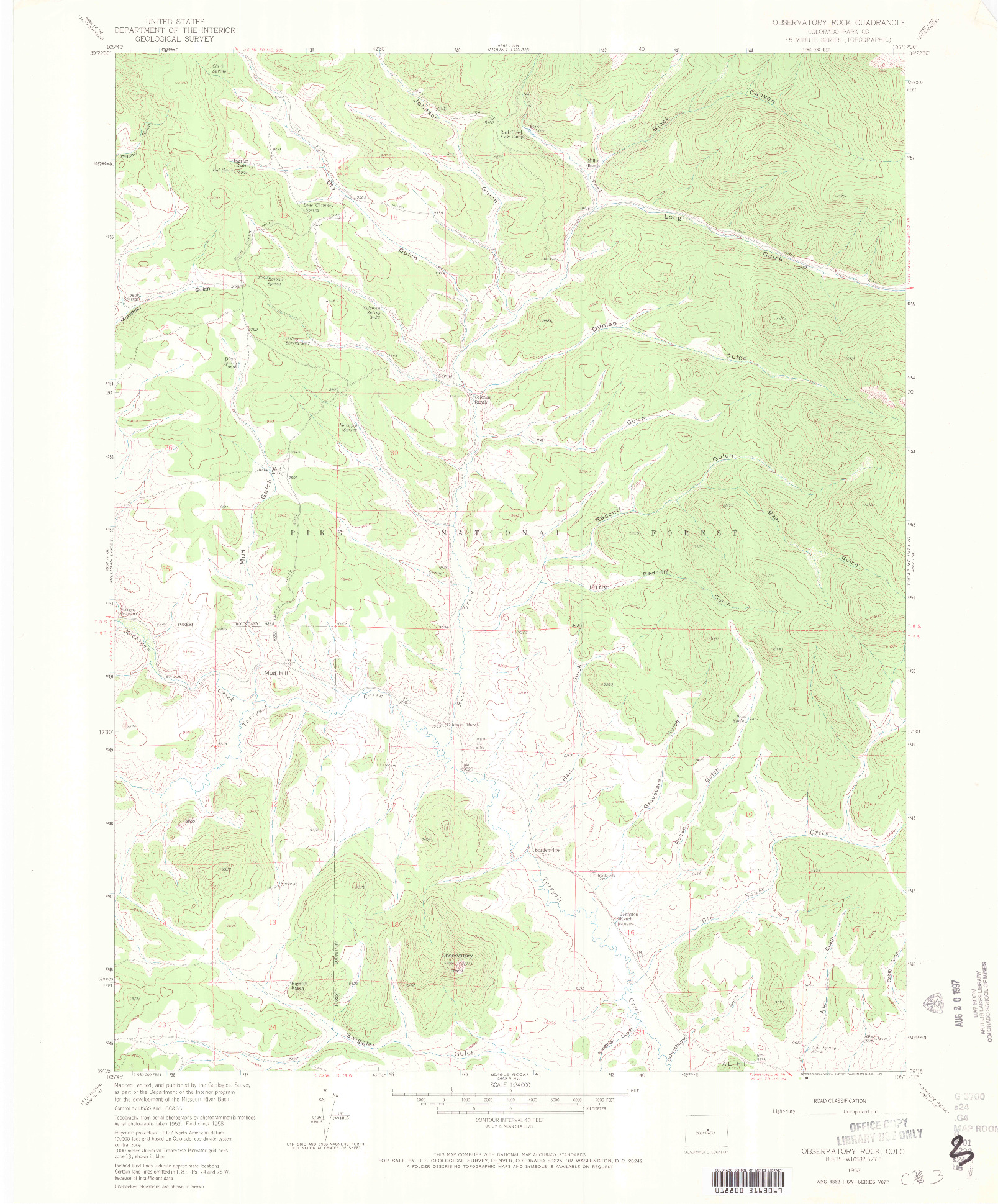 USGS 1:24000-SCALE QUADRANGLE FOR OBSERVATORY ROCK, CO 1958