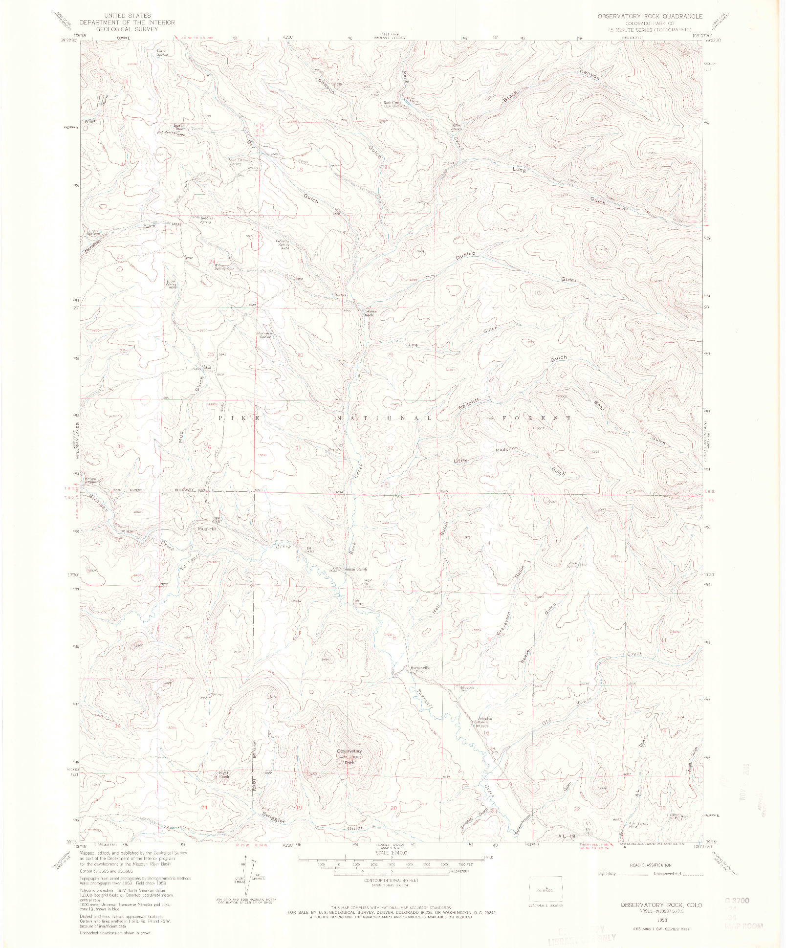 USGS 1:24000-SCALE QUADRANGLE FOR OBSERVATORY ROCK, CO 1958