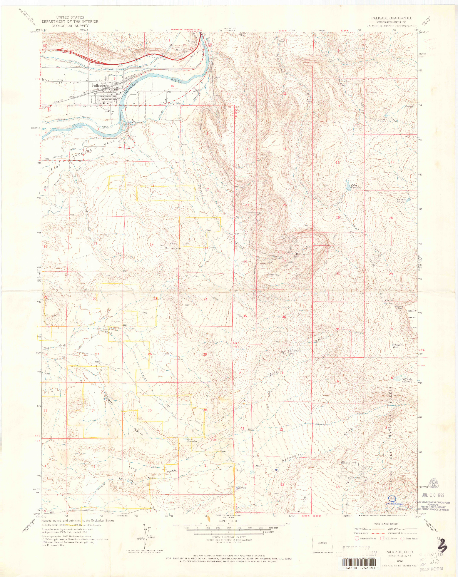 USGS 1:24000-SCALE QUADRANGLE FOR PALISADE, CO 1962