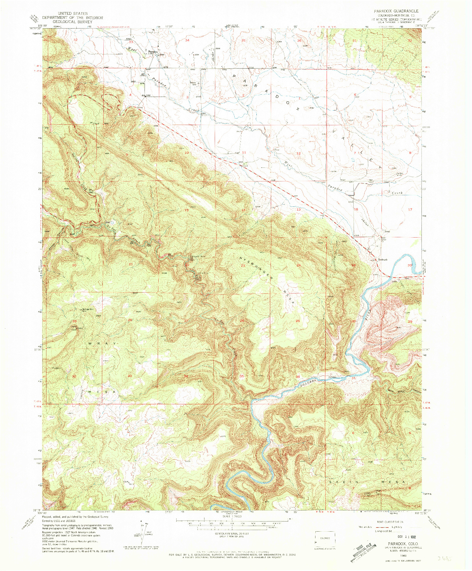 USGS 1:24000-SCALE QUADRANGLE FOR PARADOX, CO 1960