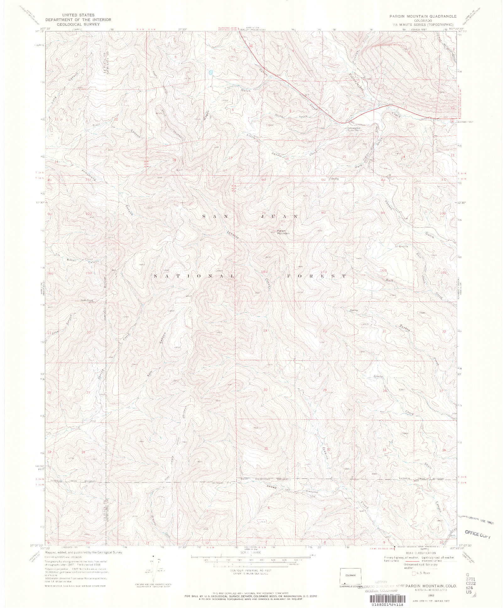 USGS 1:24000-SCALE QUADRANGLE FOR PARGIN MOUNTAIN, CO 1968