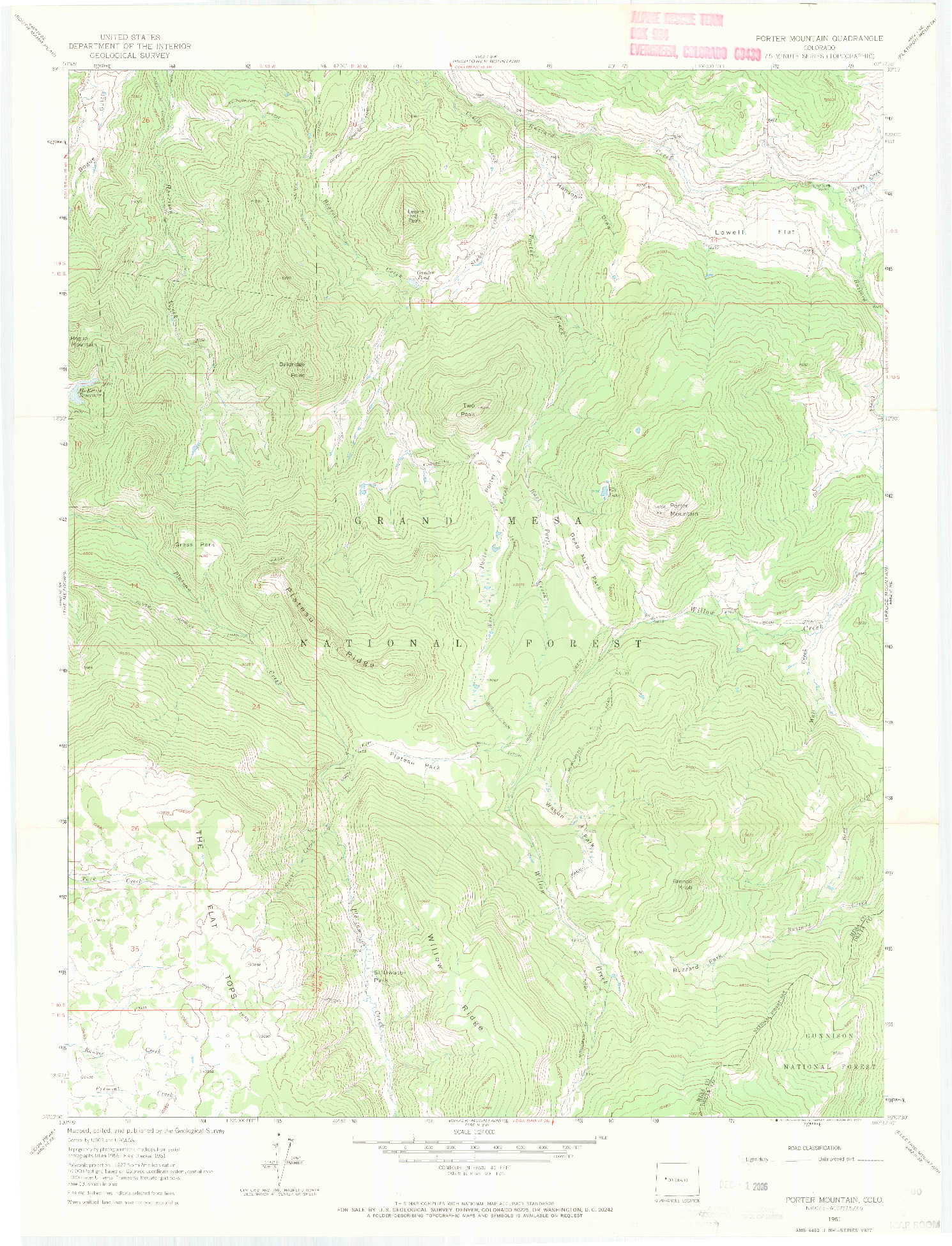 USGS 1:24000-SCALE QUADRANGLE FOR PORTER MOUNTAIN, CO 1961