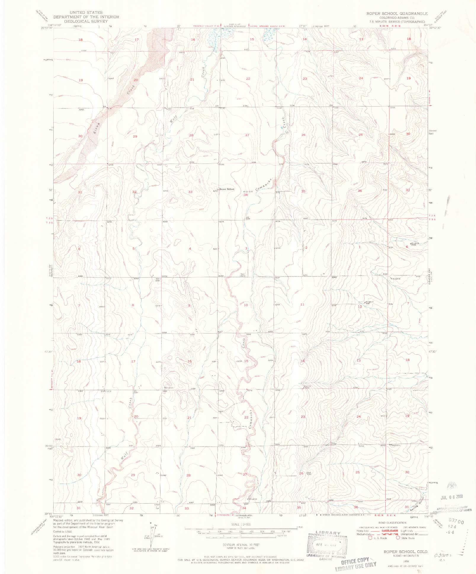 USGS 1:24000-SCALE QUADRANGLE FOR ROPER SCHOOL, CO 1950