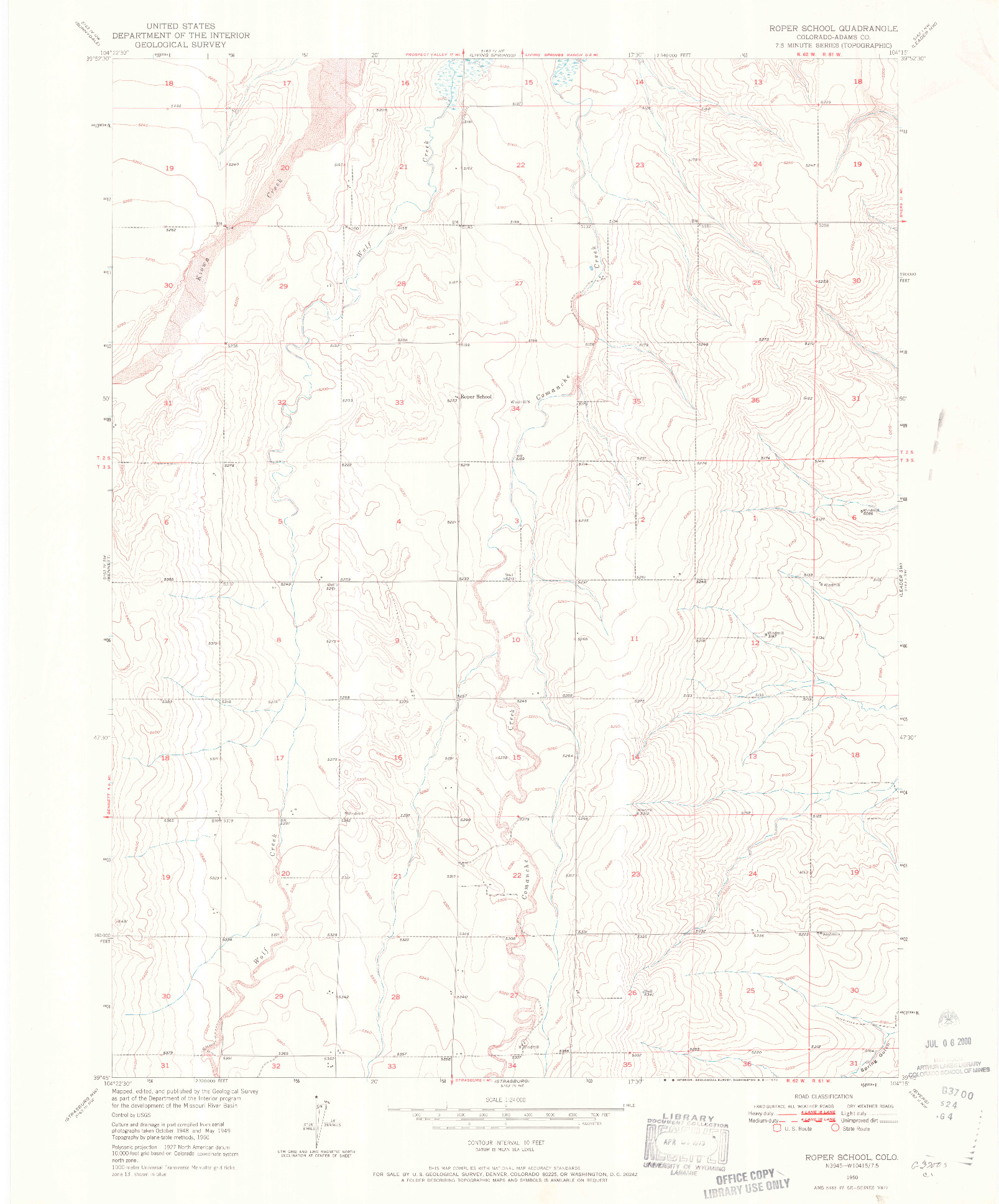 USGS 1:24000-SCALE QUADRANGLE FOR ROPER SCHOOL, CO 1950
