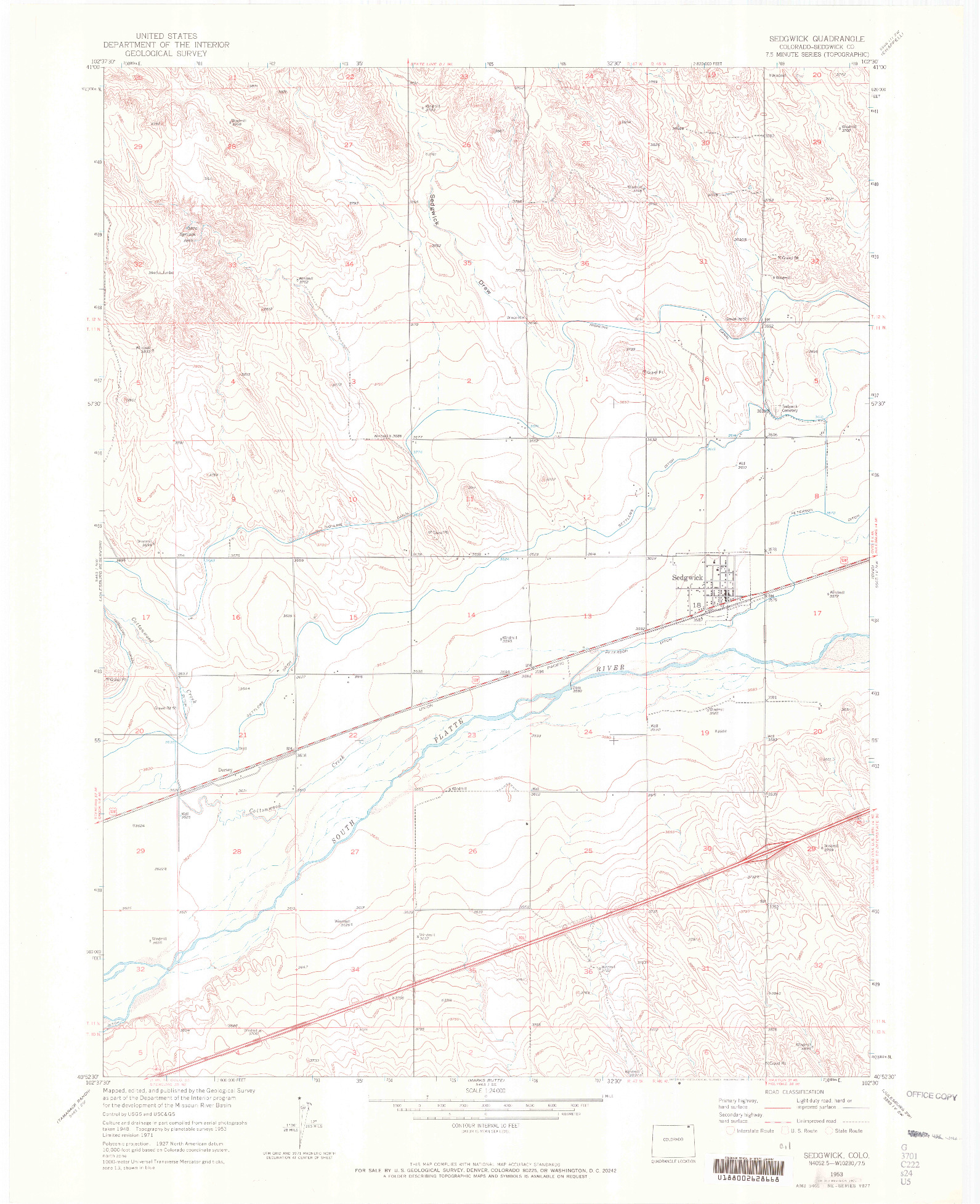 USGS 1:24000-SCALE QUADRANGLE FOR SEDGWICK, CO 1953