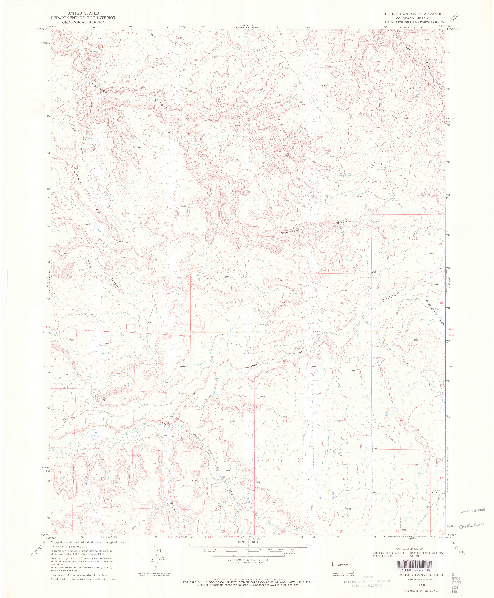 USGS 1:24000-SCALE QUADRANGLE FOR SIEBER CANYON, CO 1968