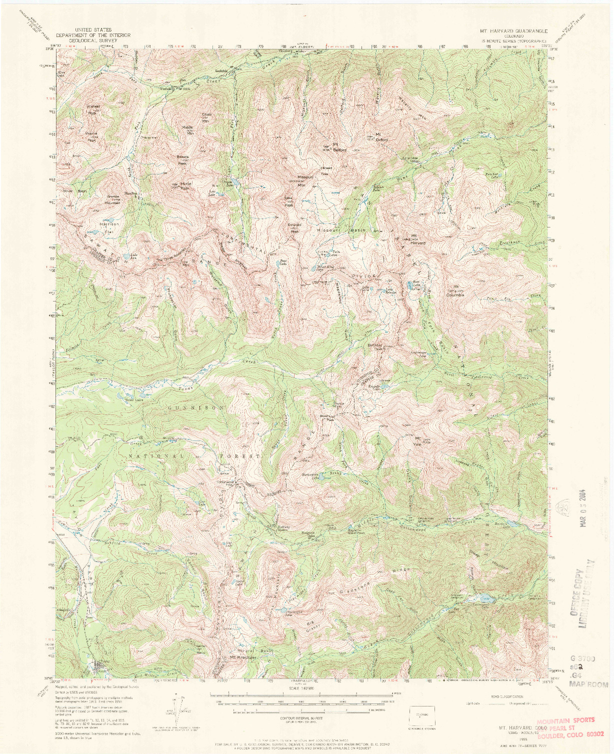 USGS 1:62500-SCALE QUADRANGLE FOR MOUNT HARVARD, CO 1955