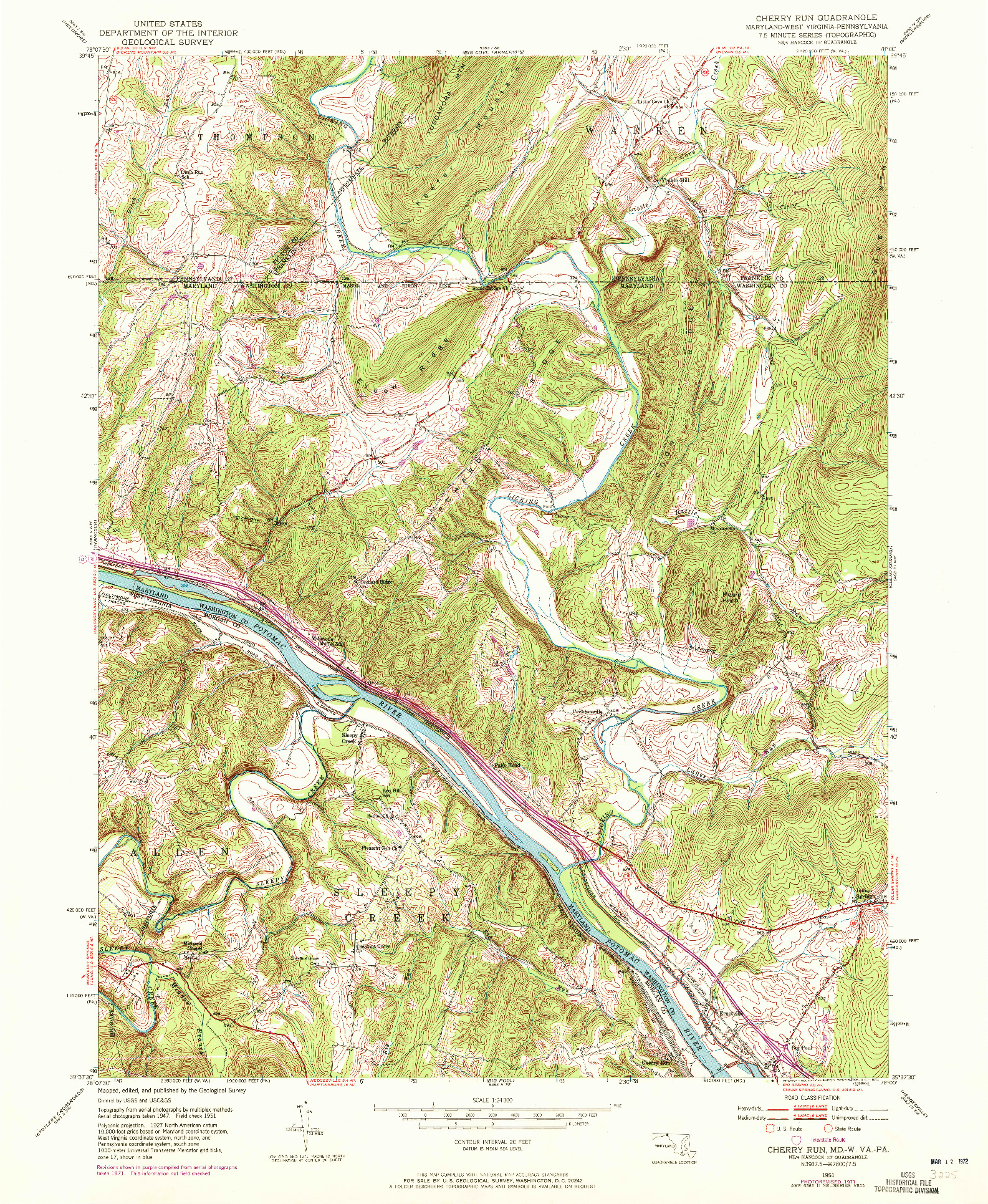 USGS 1:24000-SCALE QUADRANGLE FOR CHERRY RUN, MD 1951