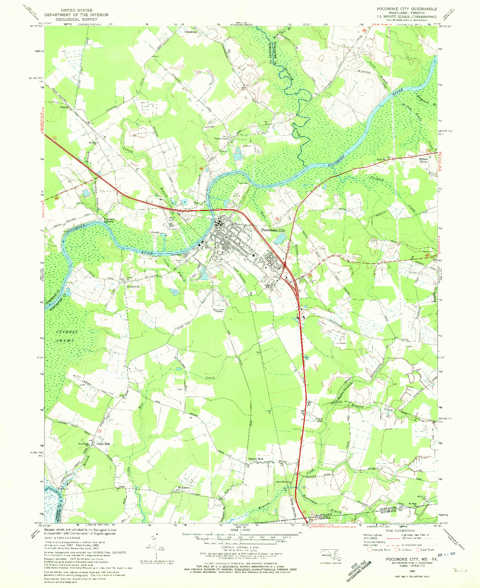 USGS 1:24000-SCALE QUADRANGLE FOR POCOMOKE CITY, MD 1968