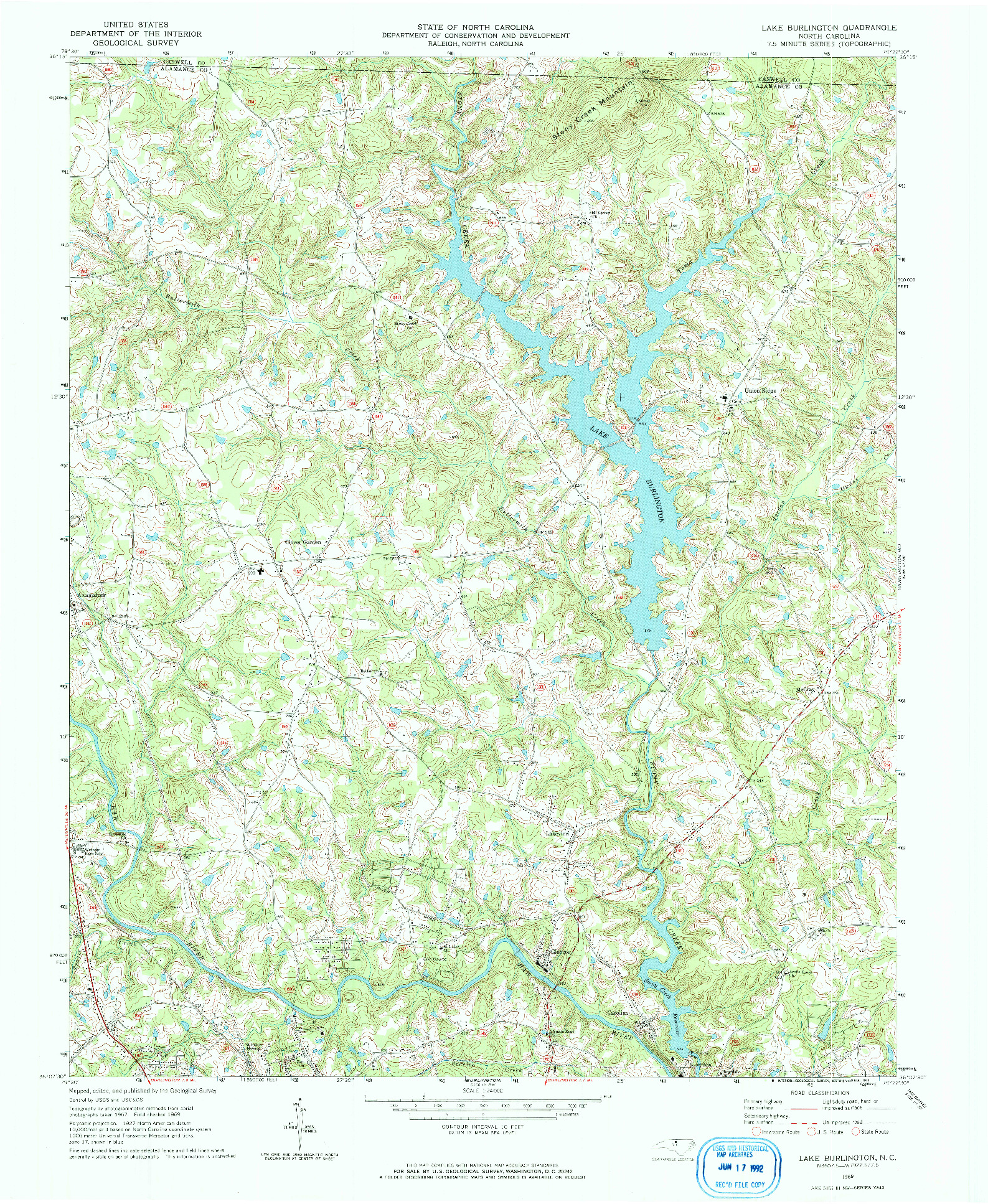 USGS 1:24000-SCALE QUADRANGLE FOR LAKE BURLINGTON, NC 1969