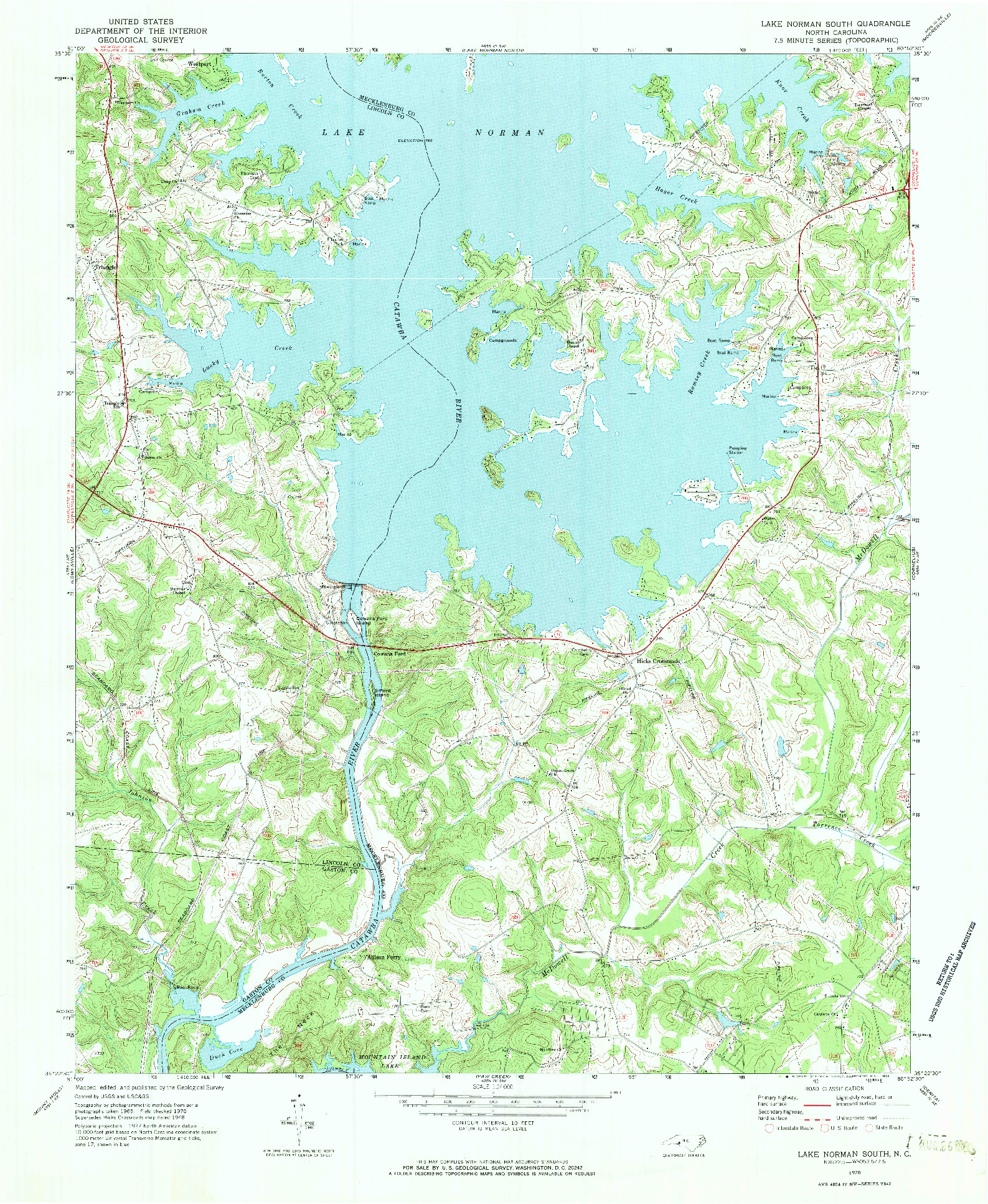 USGS 1:24000-SCALE QUADRANGLE FOR LAKE NORMAN SOUTH, NC 1970