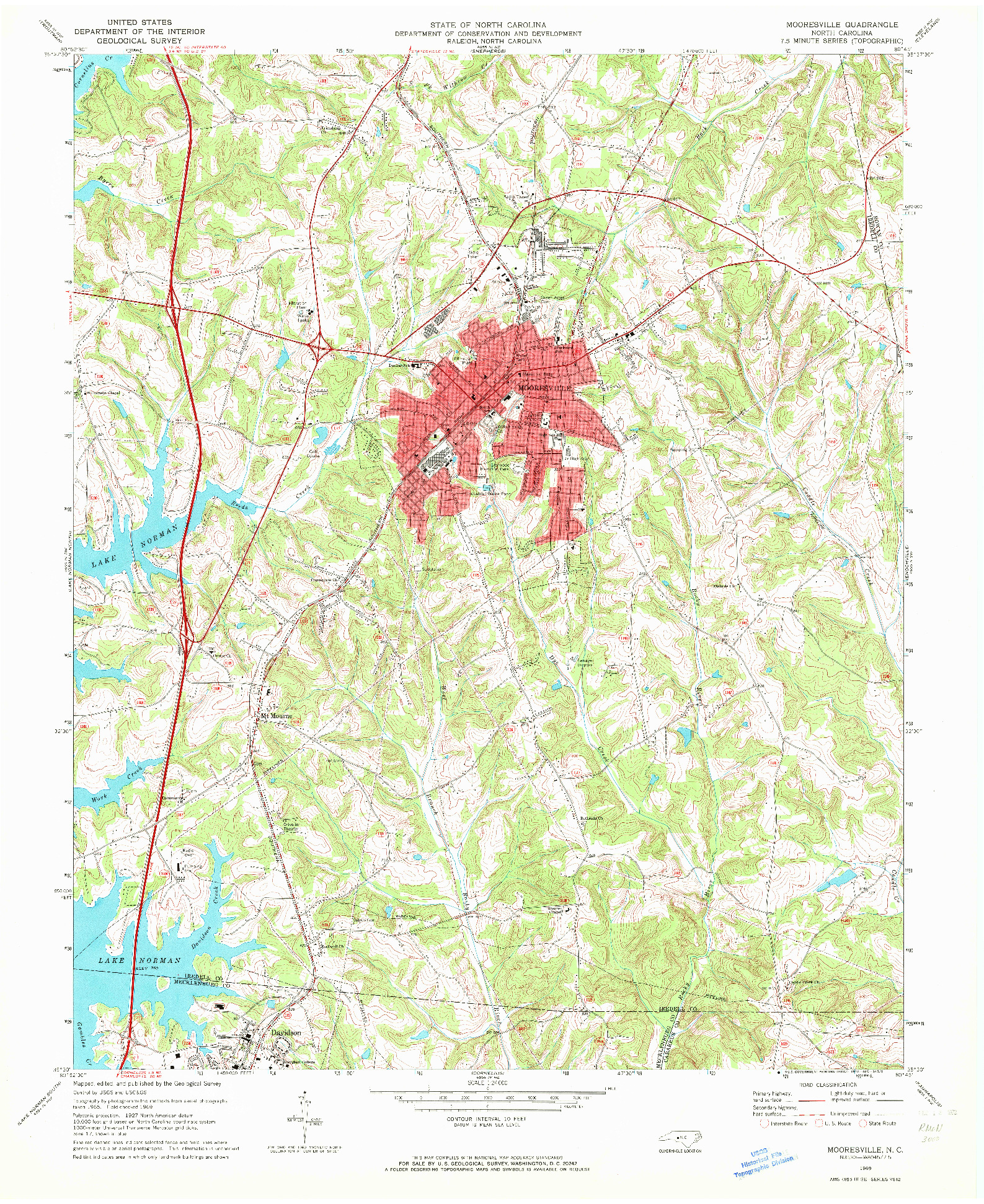 USGS 1:24000-SCALE QUADRANGLE FOR MOORESVILLE, NC 1969