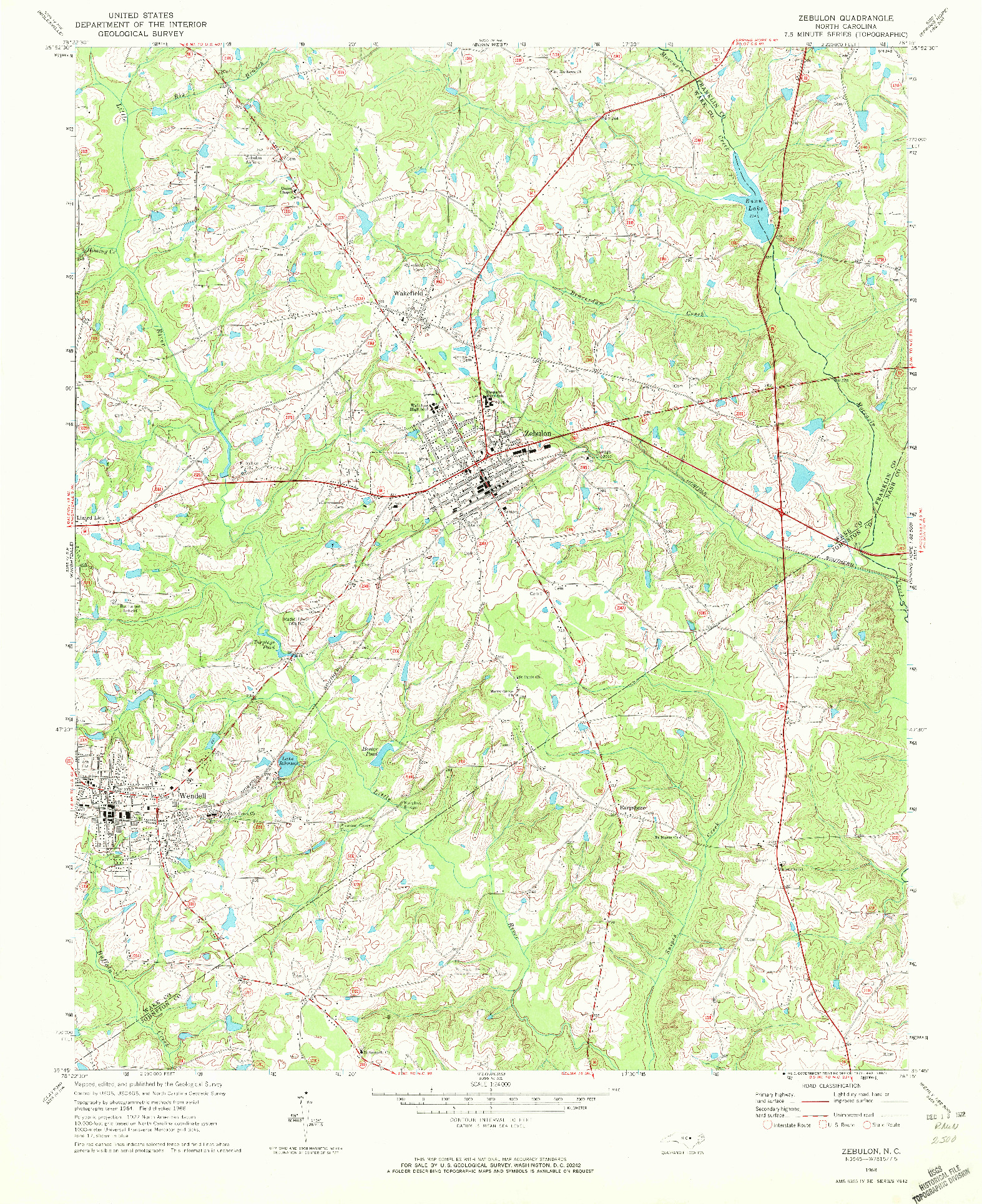 USGS 1:24000-SCALE QUADRANGLE FOR ZEBULON, NC 1968