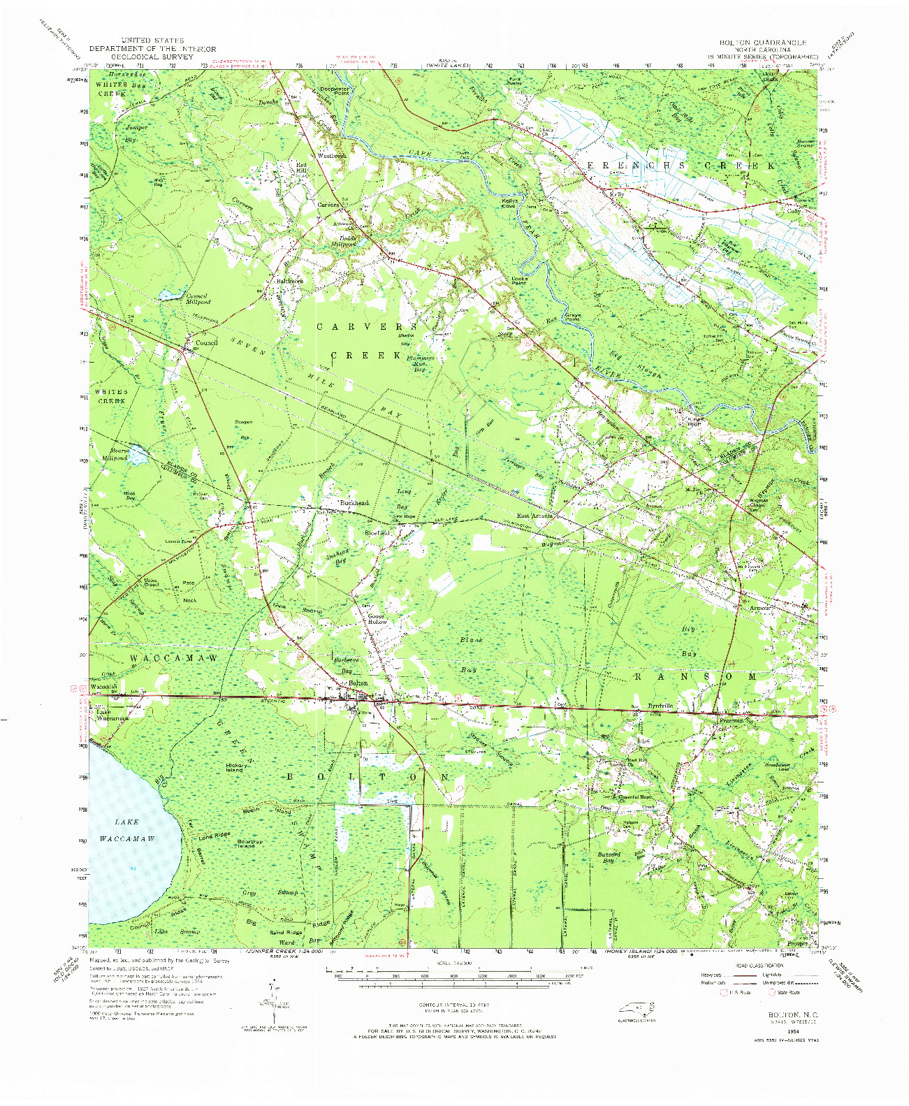 USGS 1:62500-SCALE QUADRANGLE FOR BOLTON, NC 1954