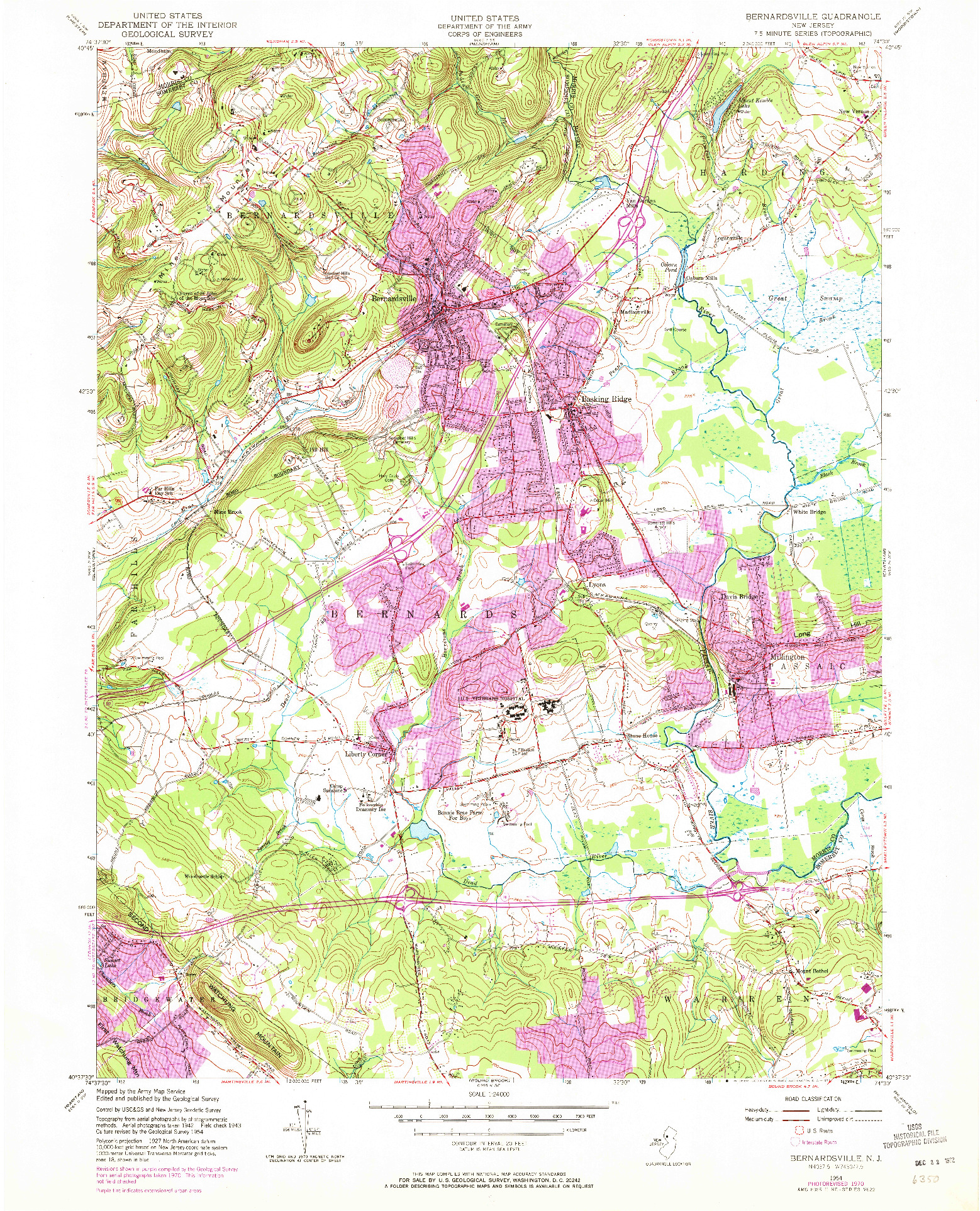 USGS 1:24000-SCALE QUADRANGLE FOR BERNARDSVILLE, NJ 1954