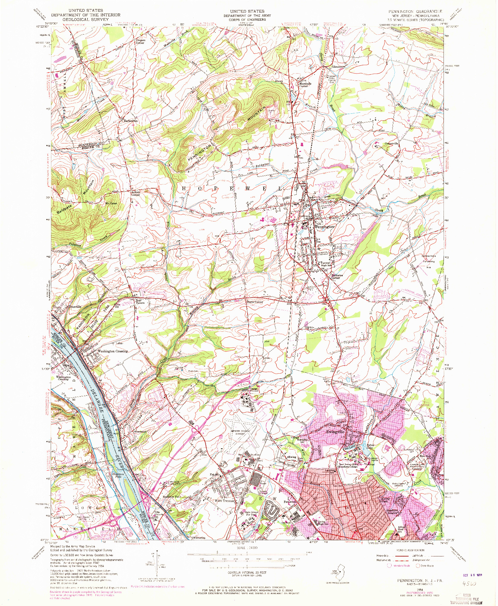 USGS 1:24000-SCALE QUADRANGLE FOR PENNINGTON, NJ 1954