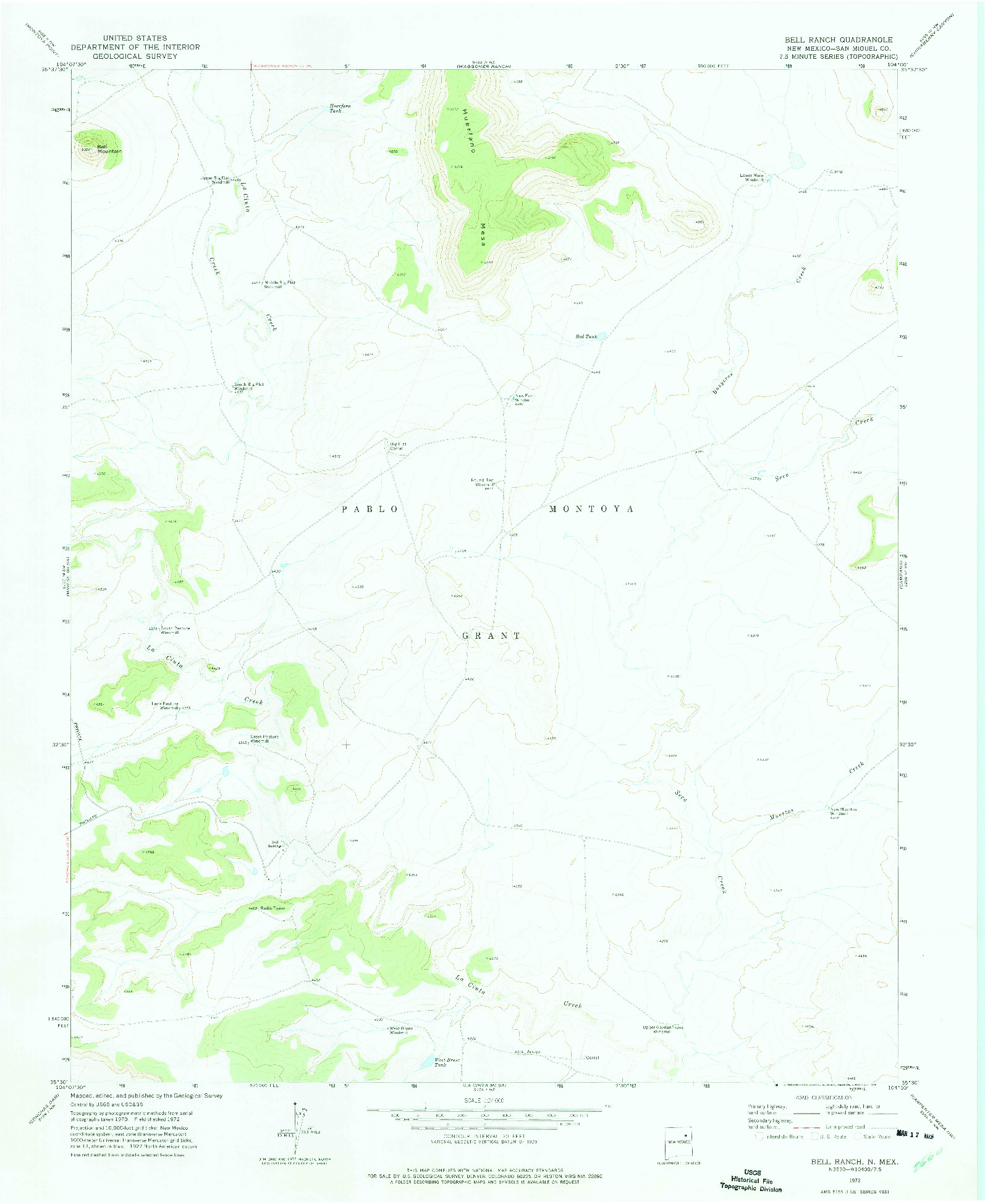 USGS 1:24000-SCALE QUADRANGLE FOR BELL RANCH, NM 1972