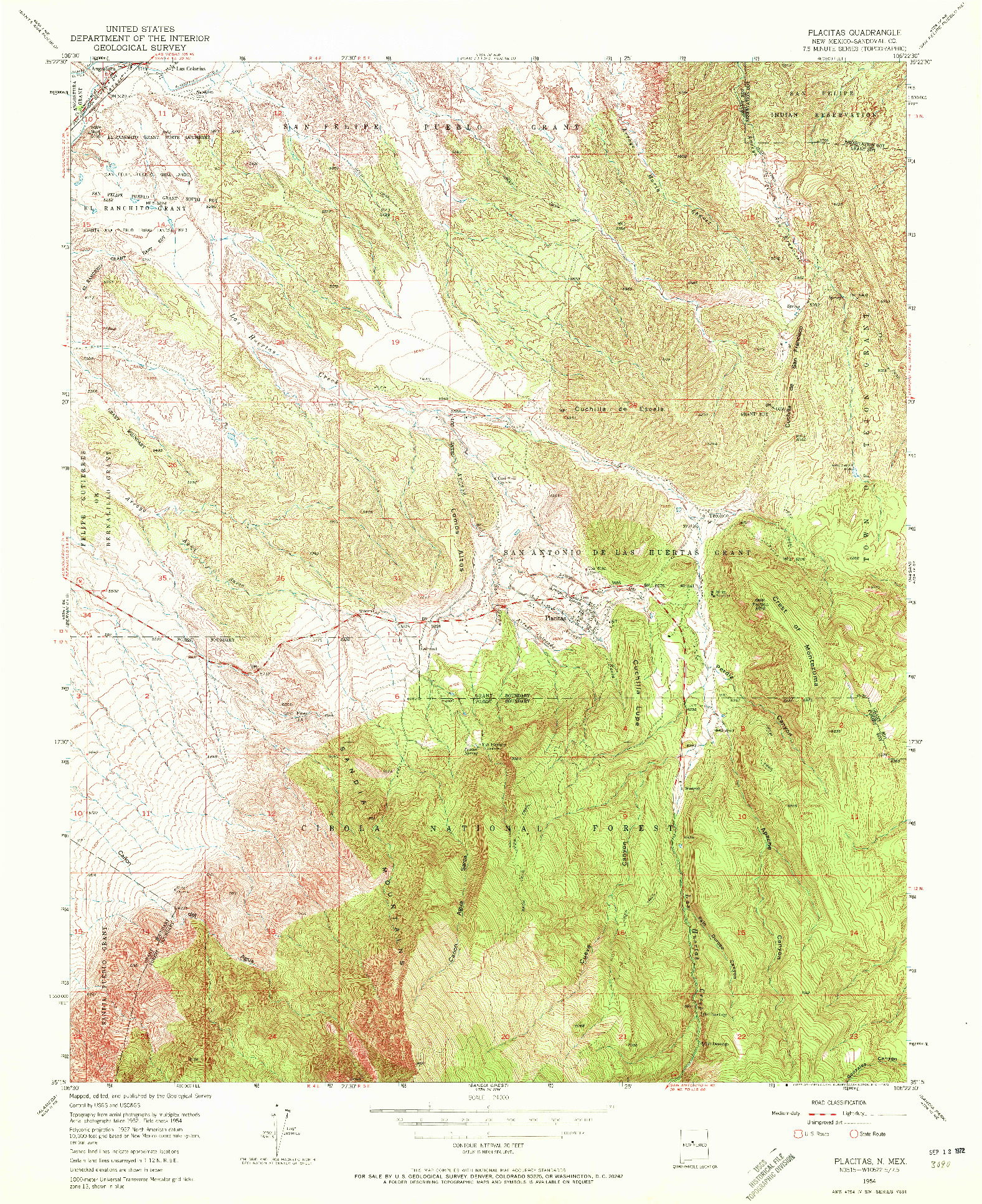 USGS 1:24000-SCALE QUADRANGLE FOR PLACITAS, NM 1954