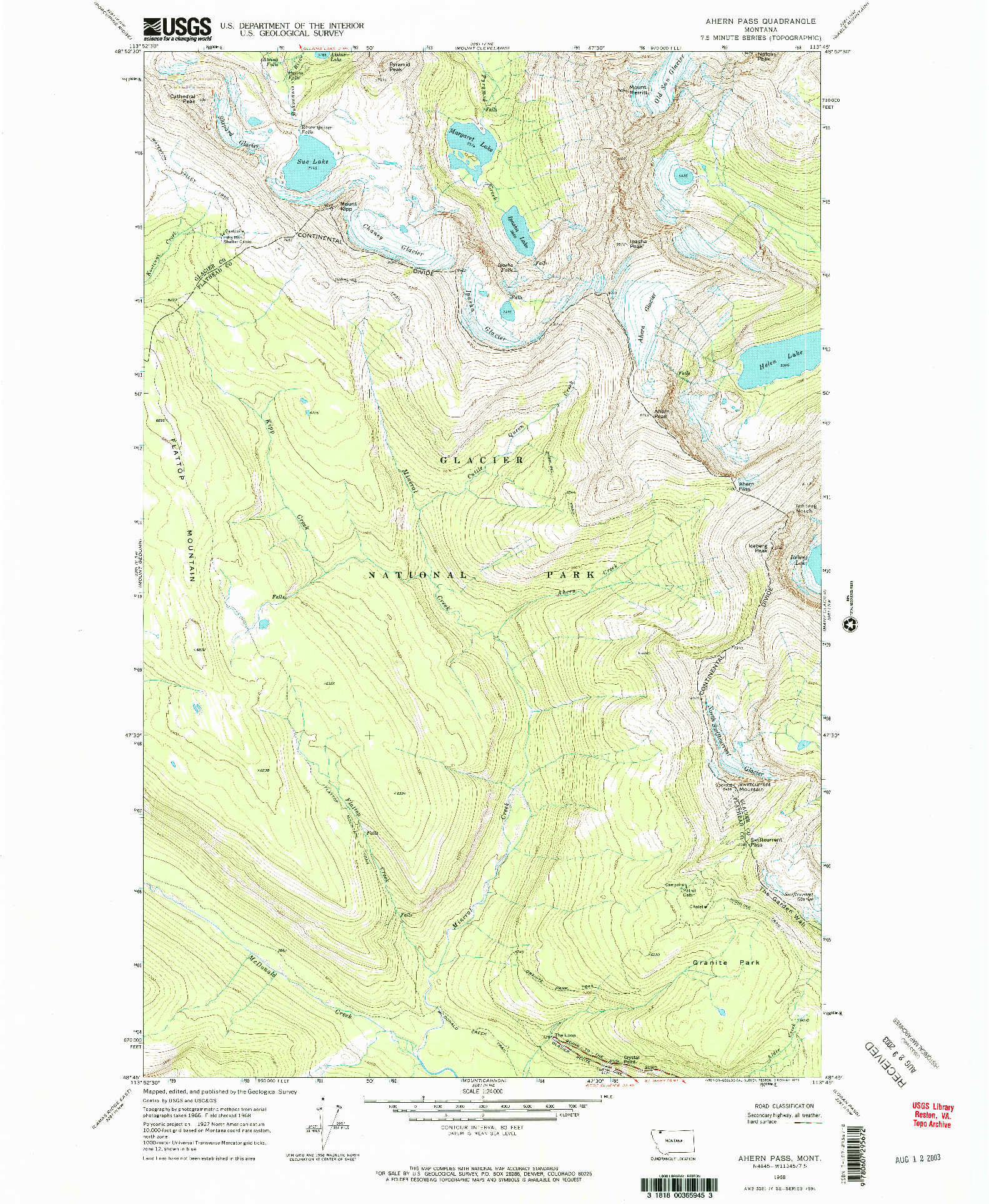 USGS 1:24000-SCALE QUADRANGLE FOR AHERN PASS, MT 1968