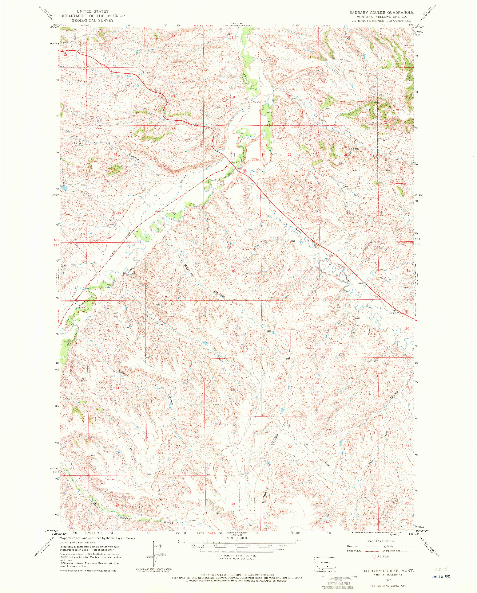 USGS 1:24000-SCALE QUADRANGLE FOR BADBABY COULEE, MT 1967