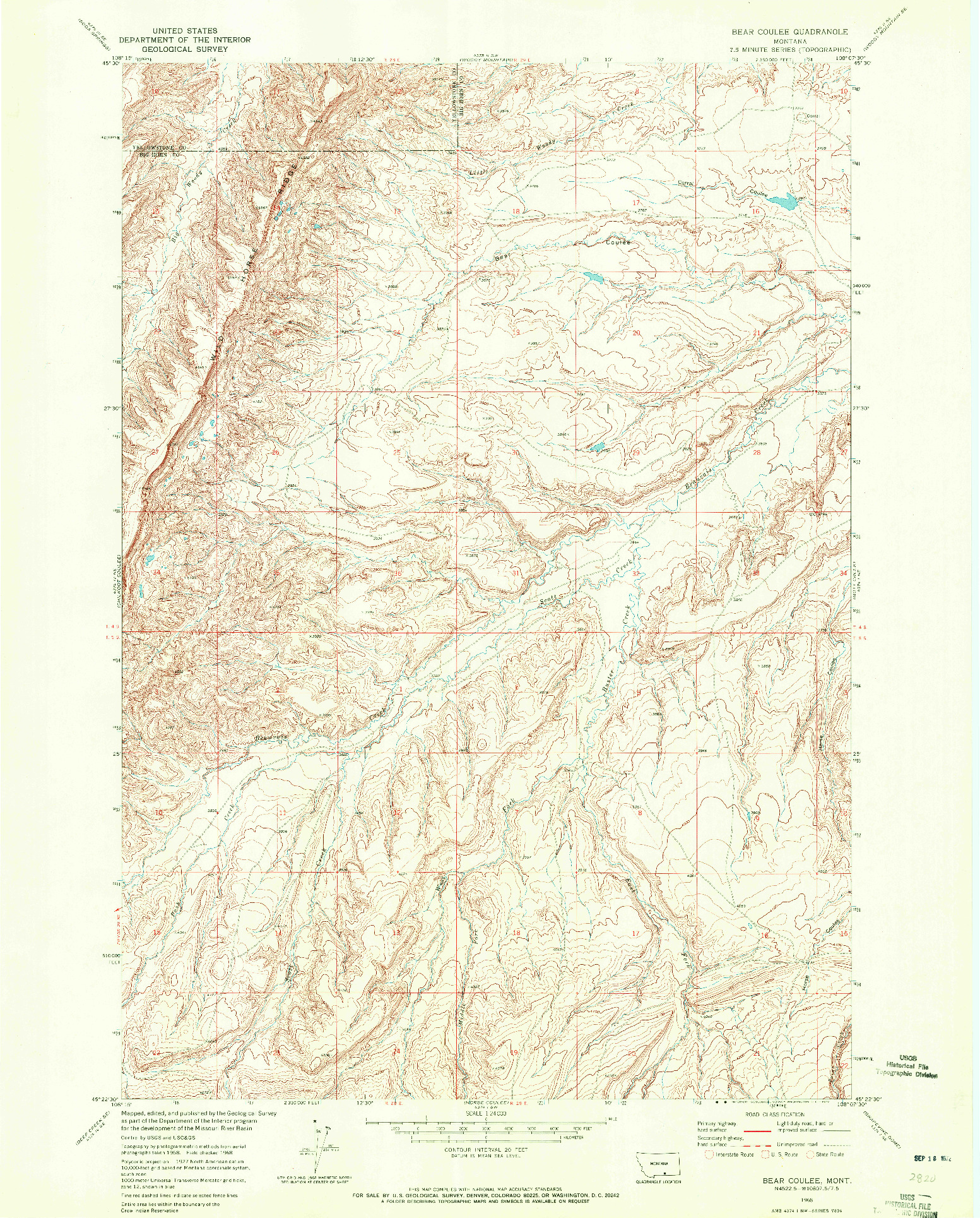USGS 1:24000-SCALE QUADRANGLE FOR BEAR COULEE, MT 1968