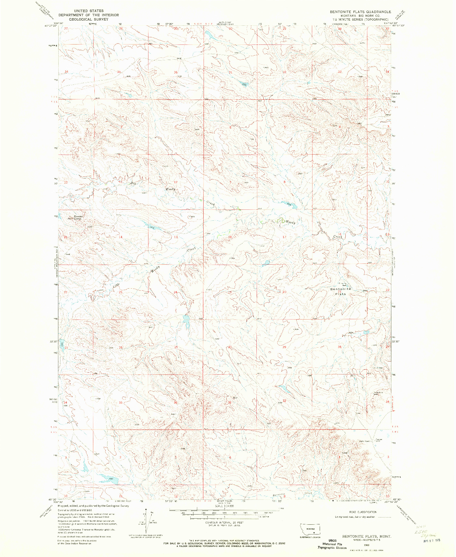 USGS 1:24000-SCALE QUADRANGLE FOR BENTONITE FLATS, MT 1969