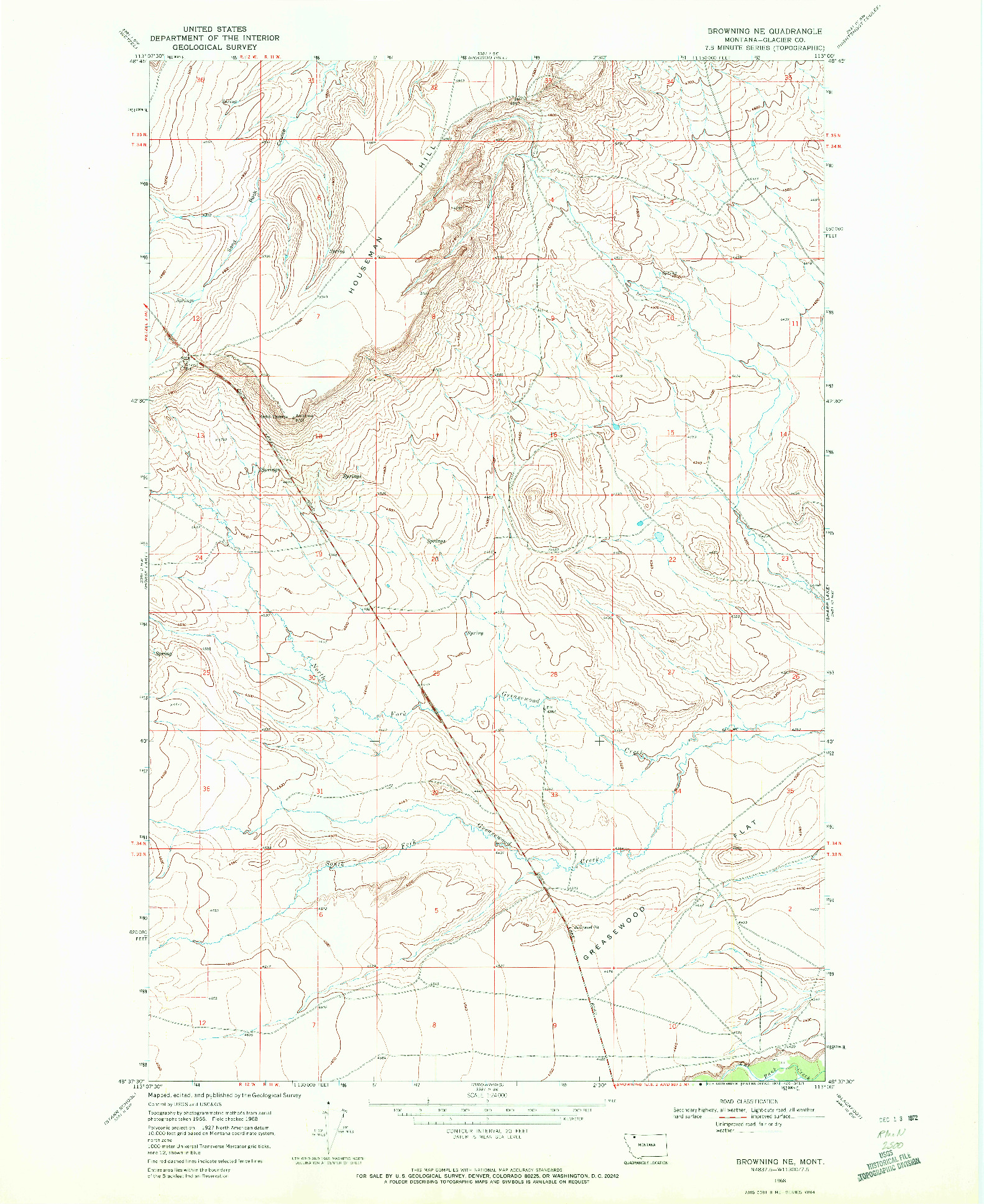 USGS 1:24000-SCALE QUADRANGLE FOR BROWNING NE, MT 1968
