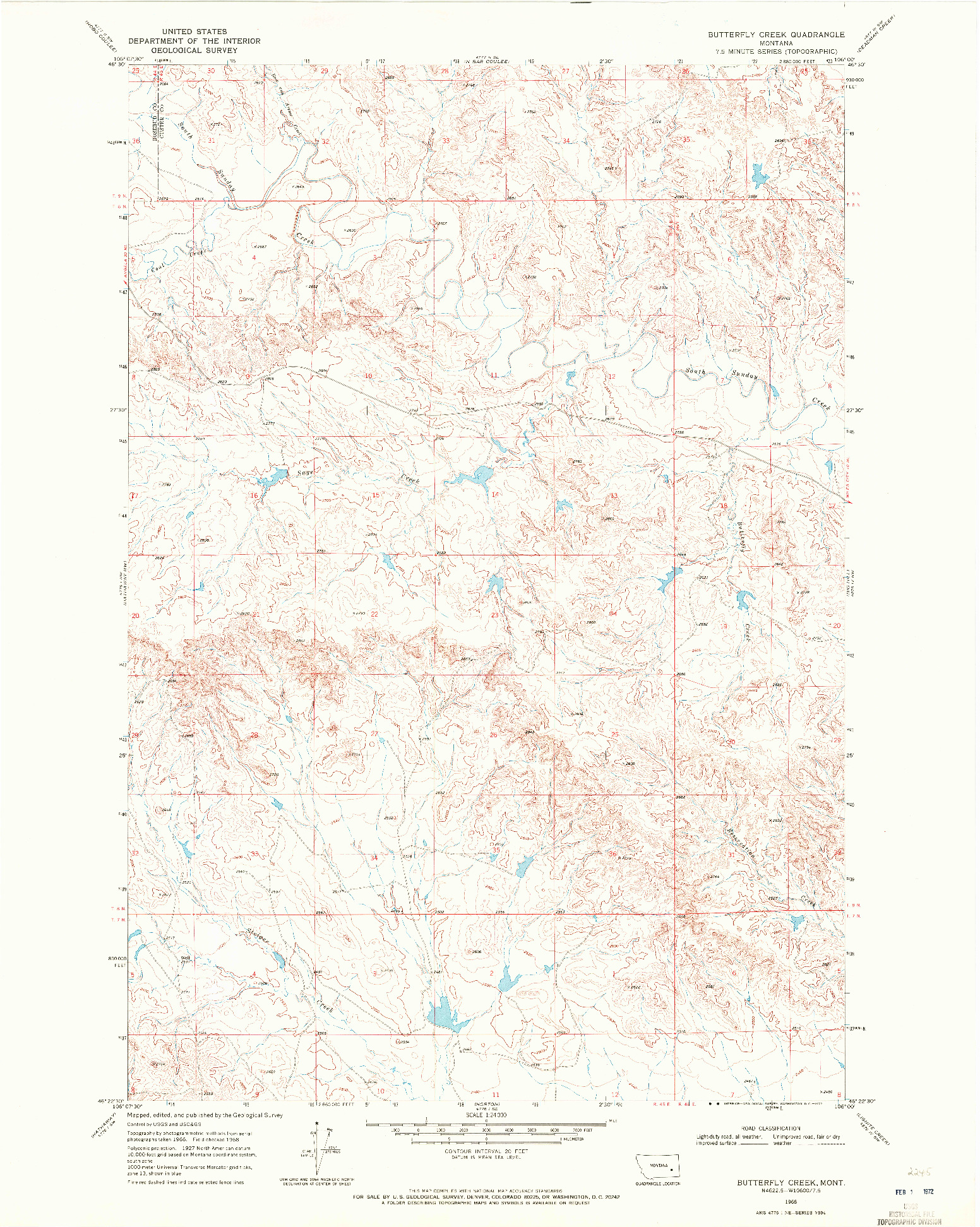 USGS 1:24000-SCALE QUADRANGLE FOR BUTTERFLY CREEK, MT 1968
