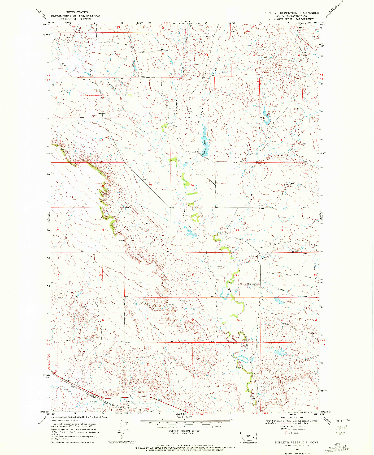 USGS 1:24000-SCALE QUADRANGLE FOR DONLEYS RESERVOIR, MT 1968