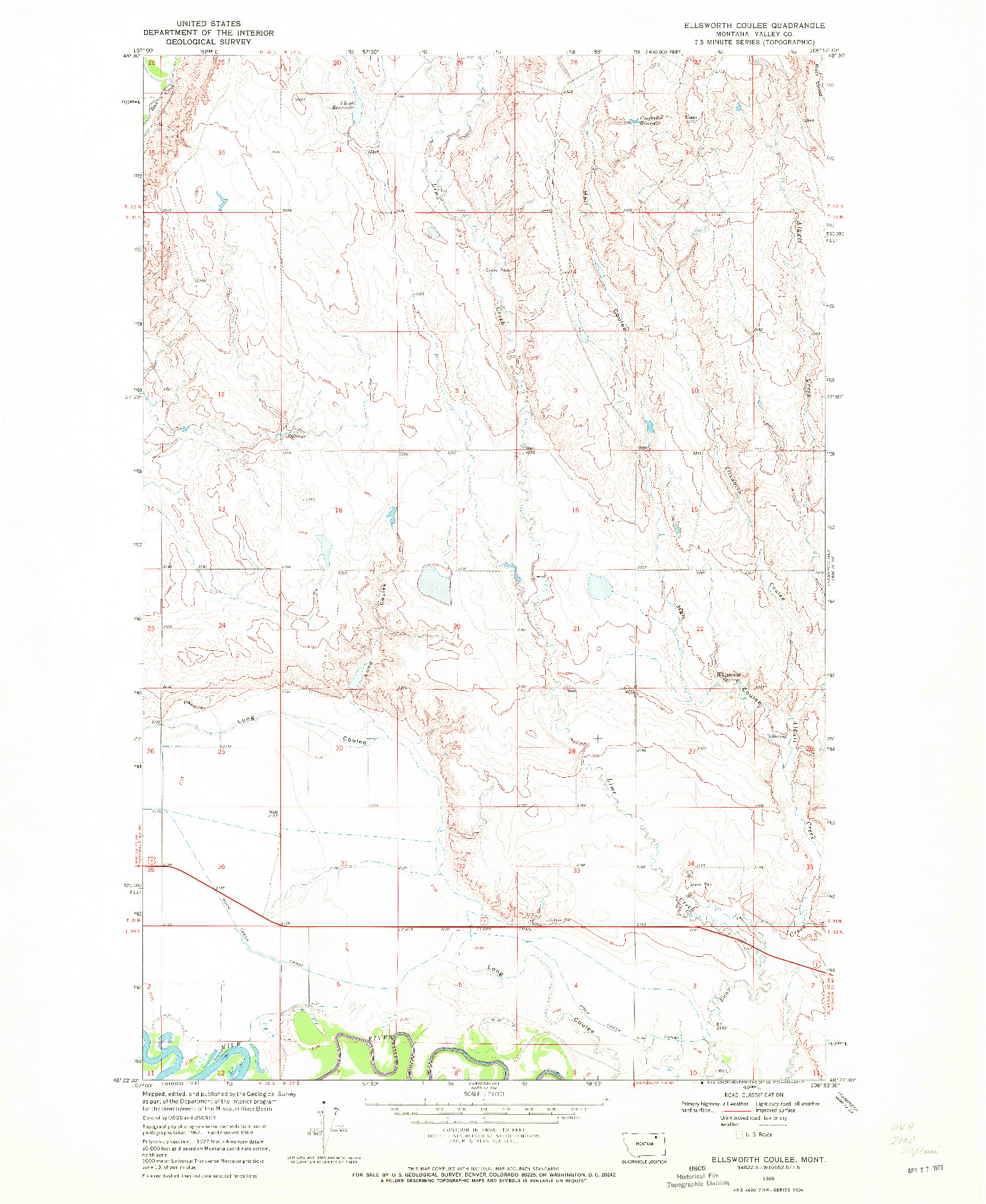 USGS 1:24000-SCALE QUADRANGLE FOR ELLSWORTH COULEE, MT 1969
