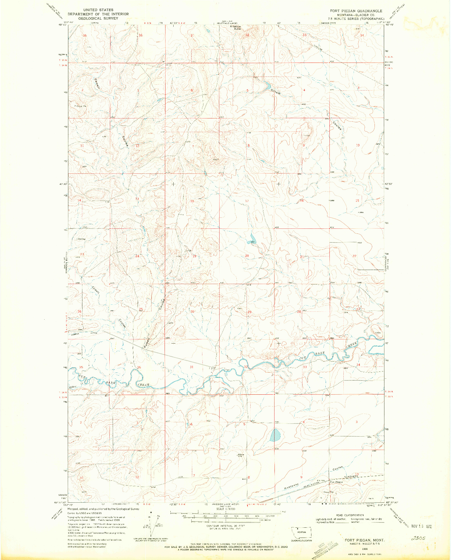USGS 1:24000-SCALE QUADRANGLE FOR FORT PIEGAN, MT 1968