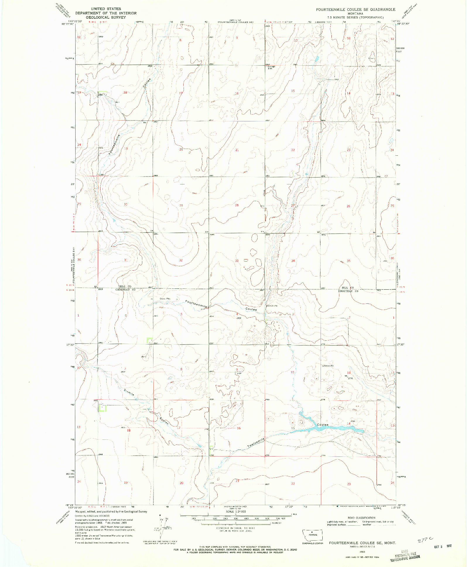 USGS 1:24000-SCALE QUADRANGLE FOR FOURTEENMILE COULEE SE, MT 1969