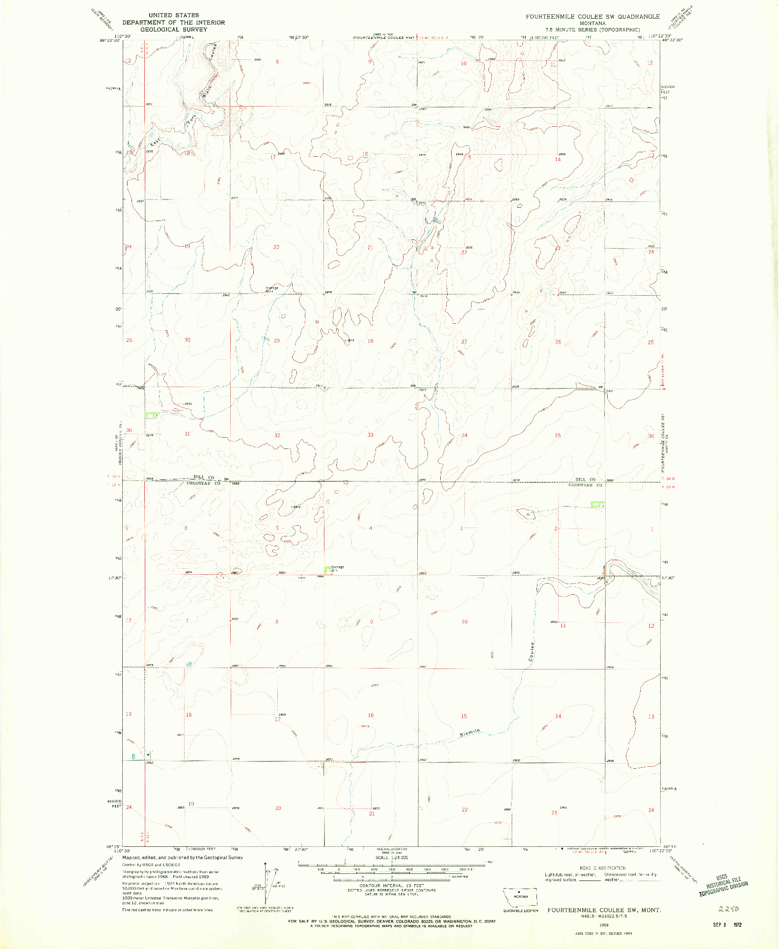 USGS 1:24000-SCALE QUADRANGLE FOR FOURTEENMILE COULEE SW, MT 1969