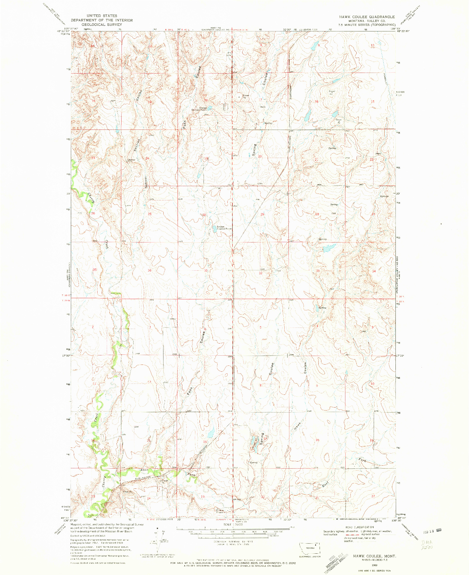 USGS 1:24000-SCALE QUADRANGLE FOR HAWK COULEE, MT 1969