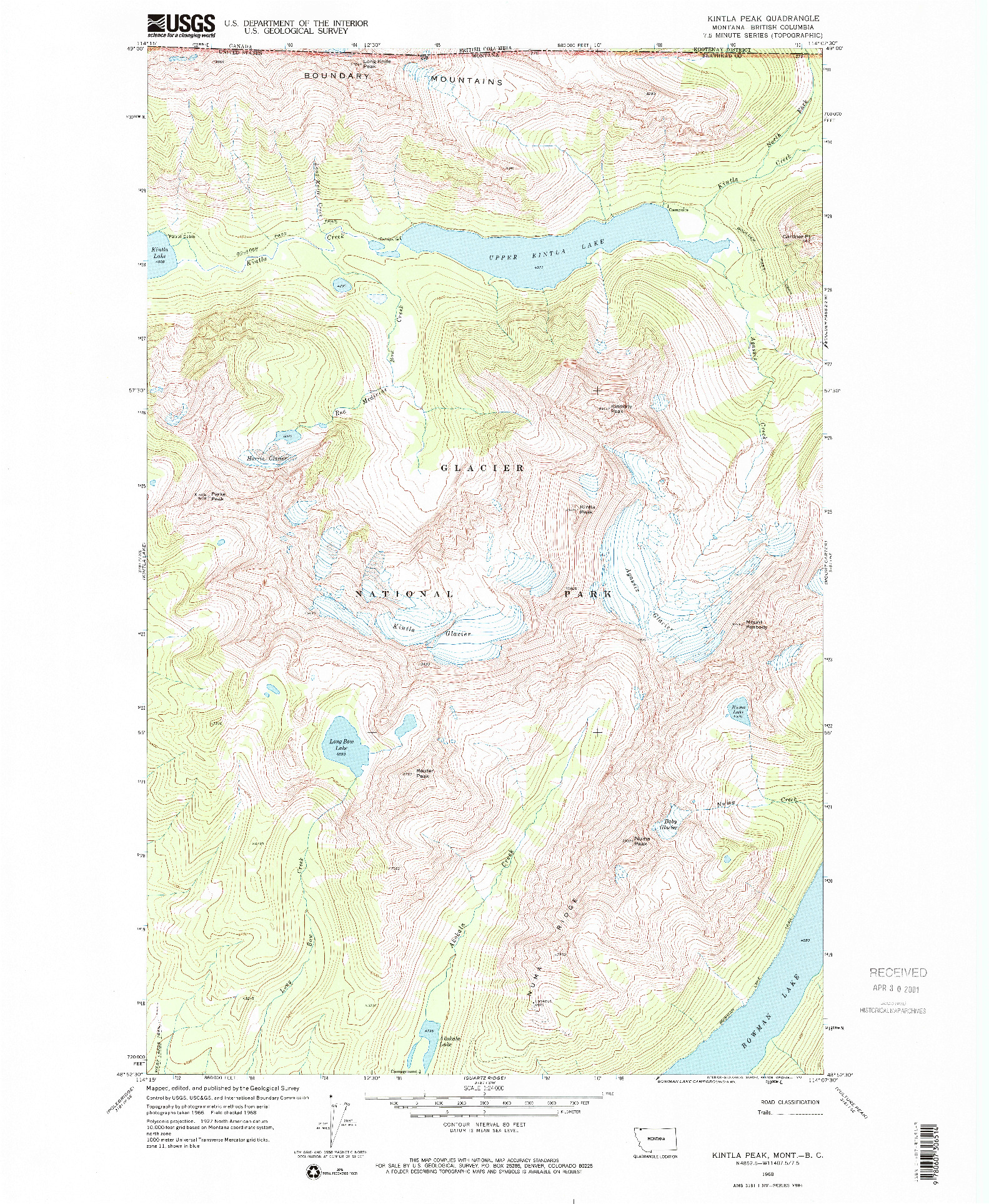 USGS 1:24000-SCALE QUADRANGLE FOR KINTLA PEAK, MT 1968