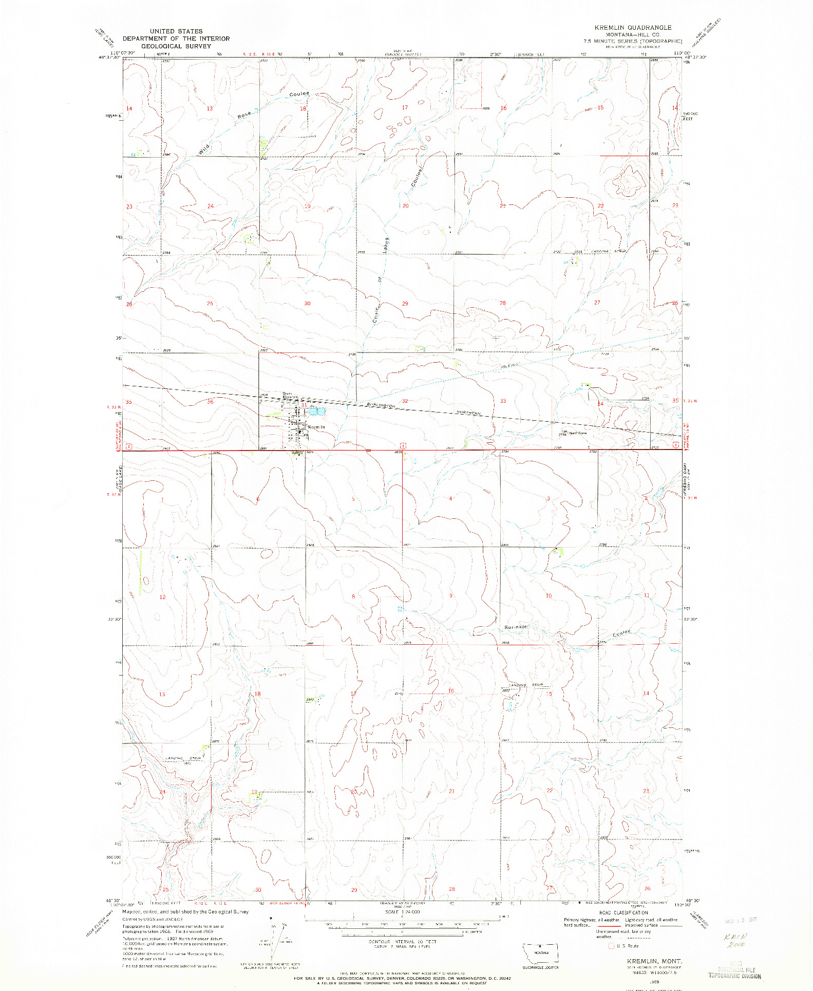 USGS 1:24000-SCALE QUADRANGLE FOR KREMLIN, MT 1969