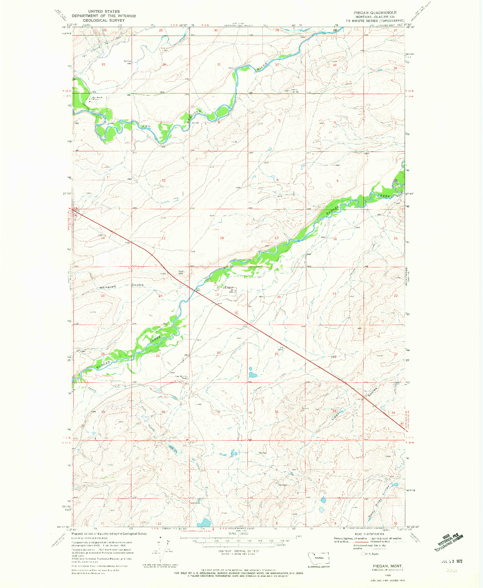 USGS 1:24000-SCALE QUADRANGLE FOR PIEGAN, MT 1968