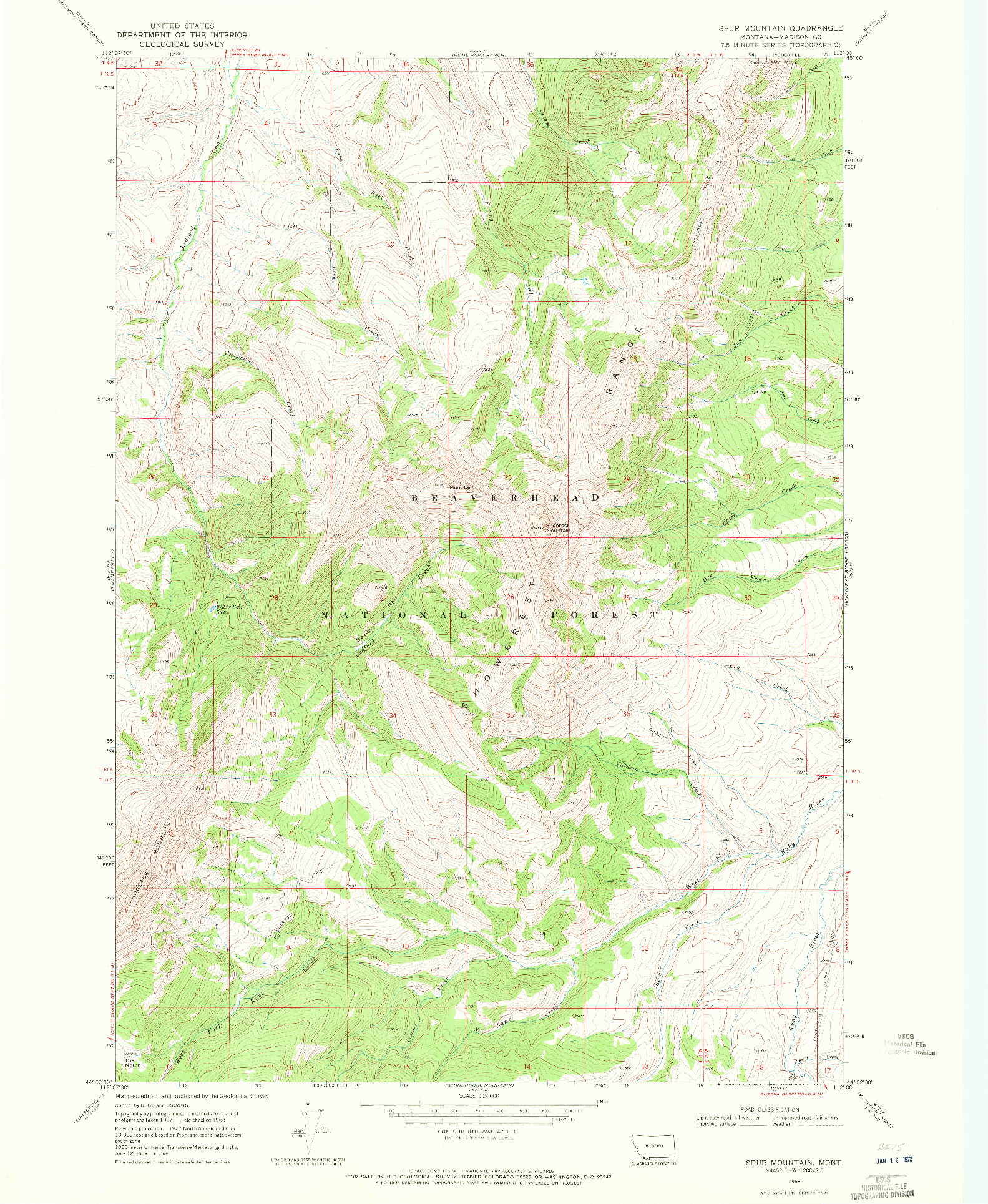 USGS 1:24000-SCALE QUADRANGLE FOR SPUR MOUNTAIN, MT 1968