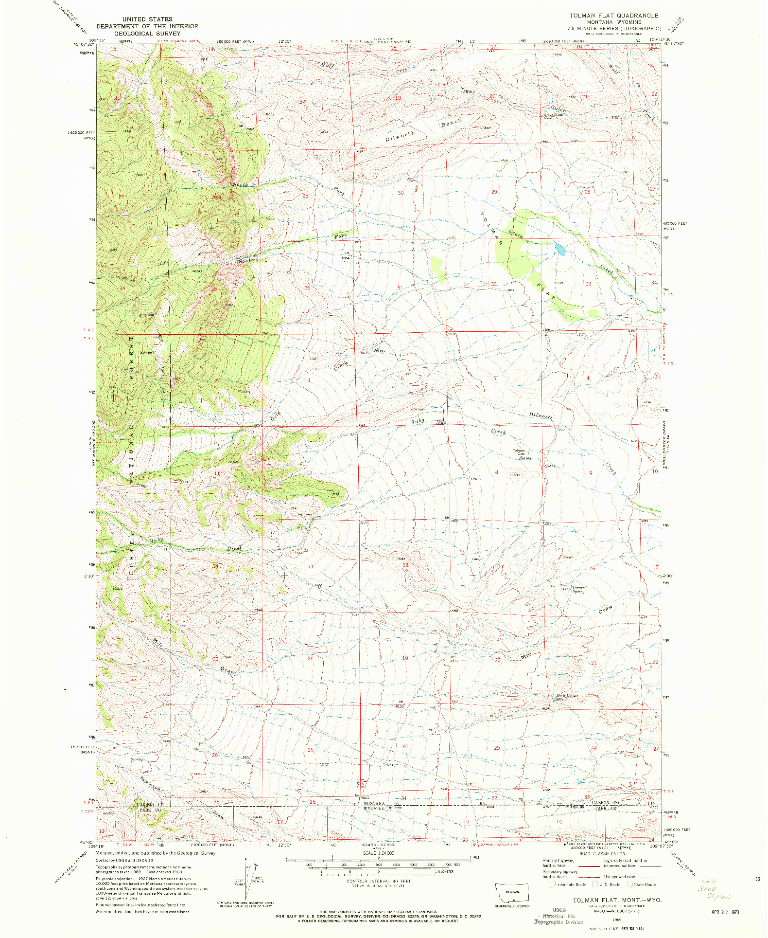 USGS 1:24000-SCALE QUADRANGLE FOR TOLMAN FLAT, MT 1969