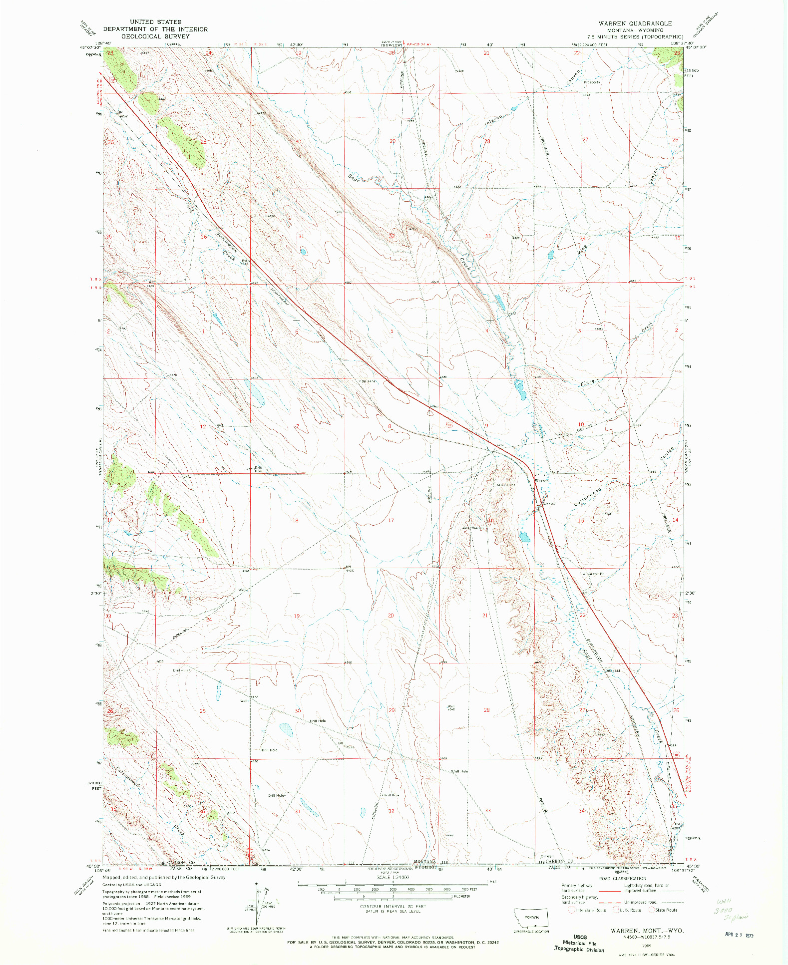 USGS 1:24000-SCALE QUADRANGLE FOR WARREN, MT 1969
