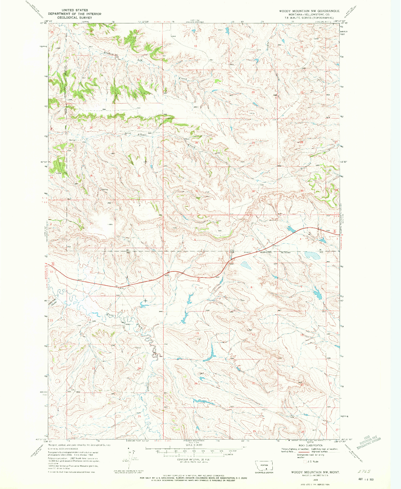 USGS 1:24000-SCALE QUADRANGLE FOR WOODY MOUNTAIN NW, MT 1969
