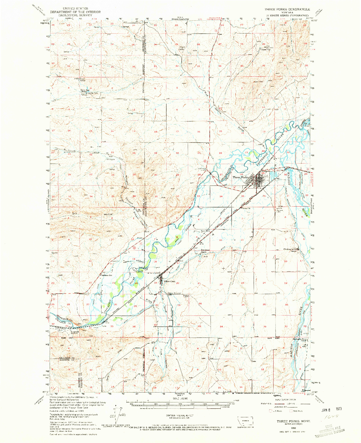 USGS 1:62500-SCALE QUADRANGLE FOR THREE FORKS, MT 1950