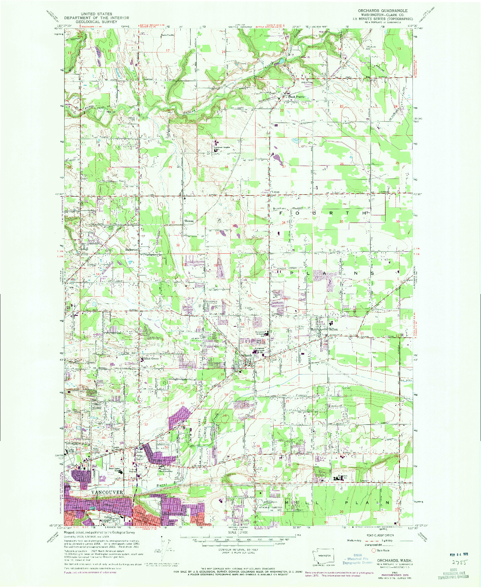 USGS 1:24000-SCALE QUADRANGLE FOR ORCHARDS, WA 1961