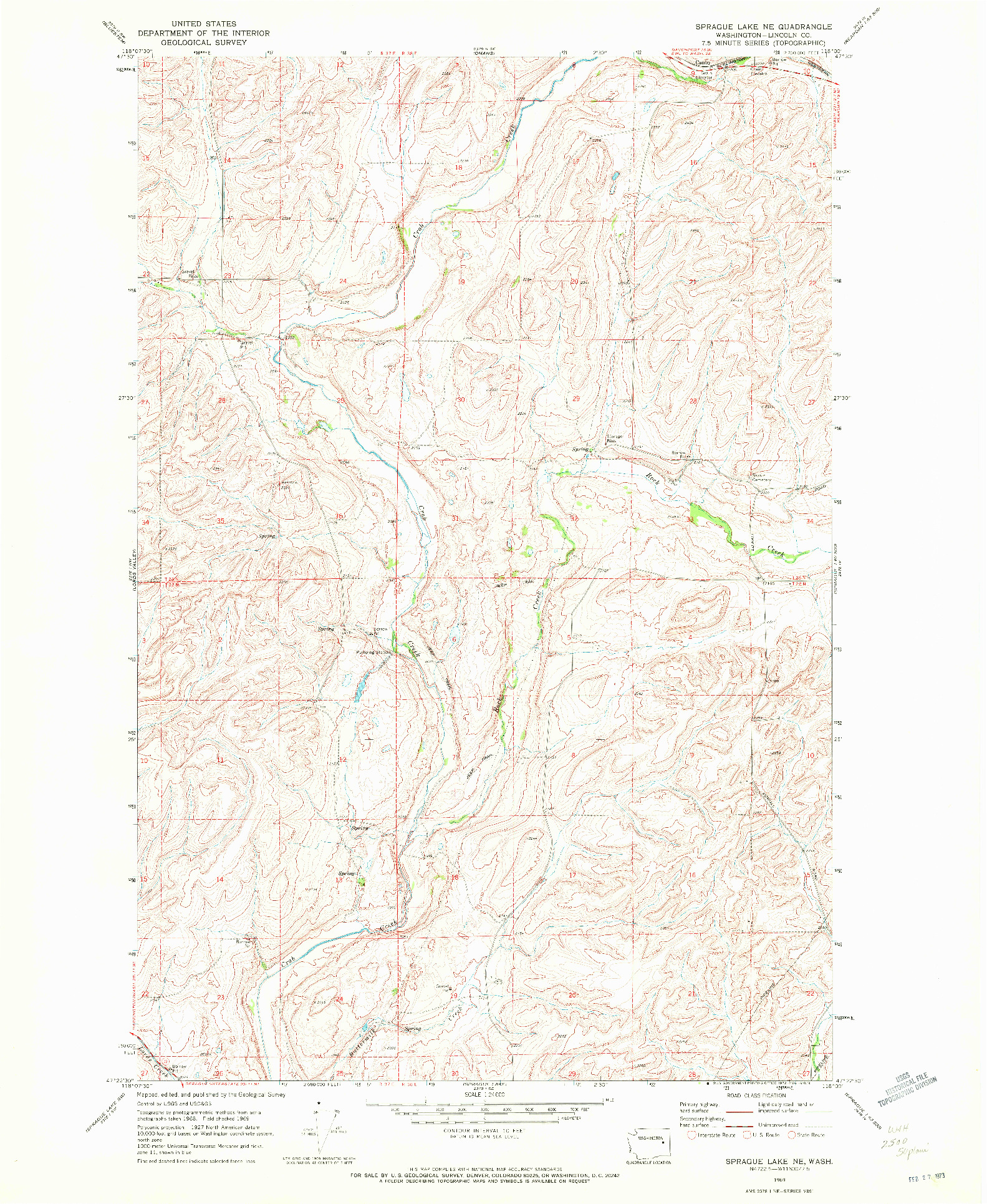 USGS 1:24000-SCALE QUADRANGLE FOR SPRAGUE LAKE NE, WA 1969